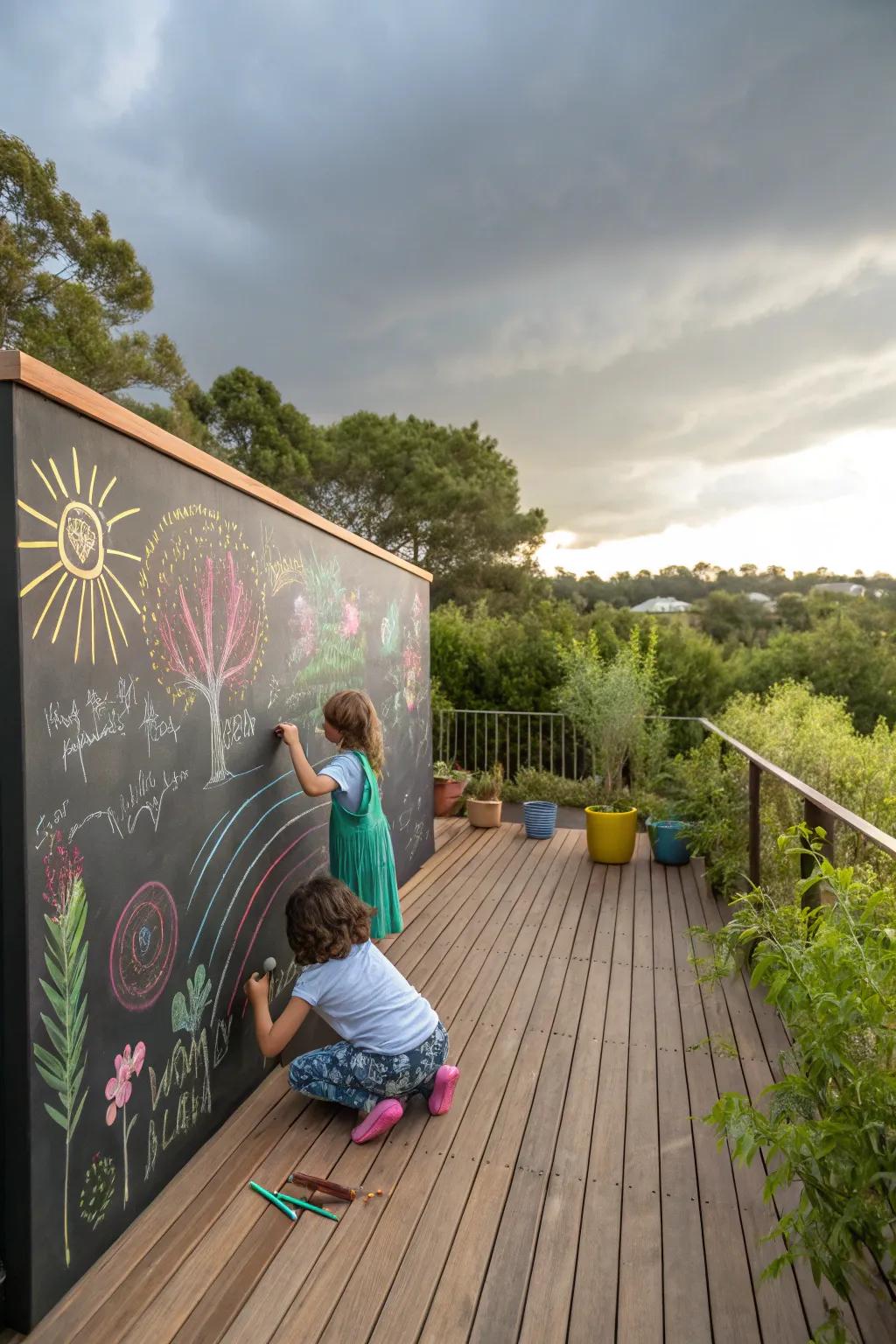 Children drawing colorful pictures on a large outdoor chalkboard wall on a deck.