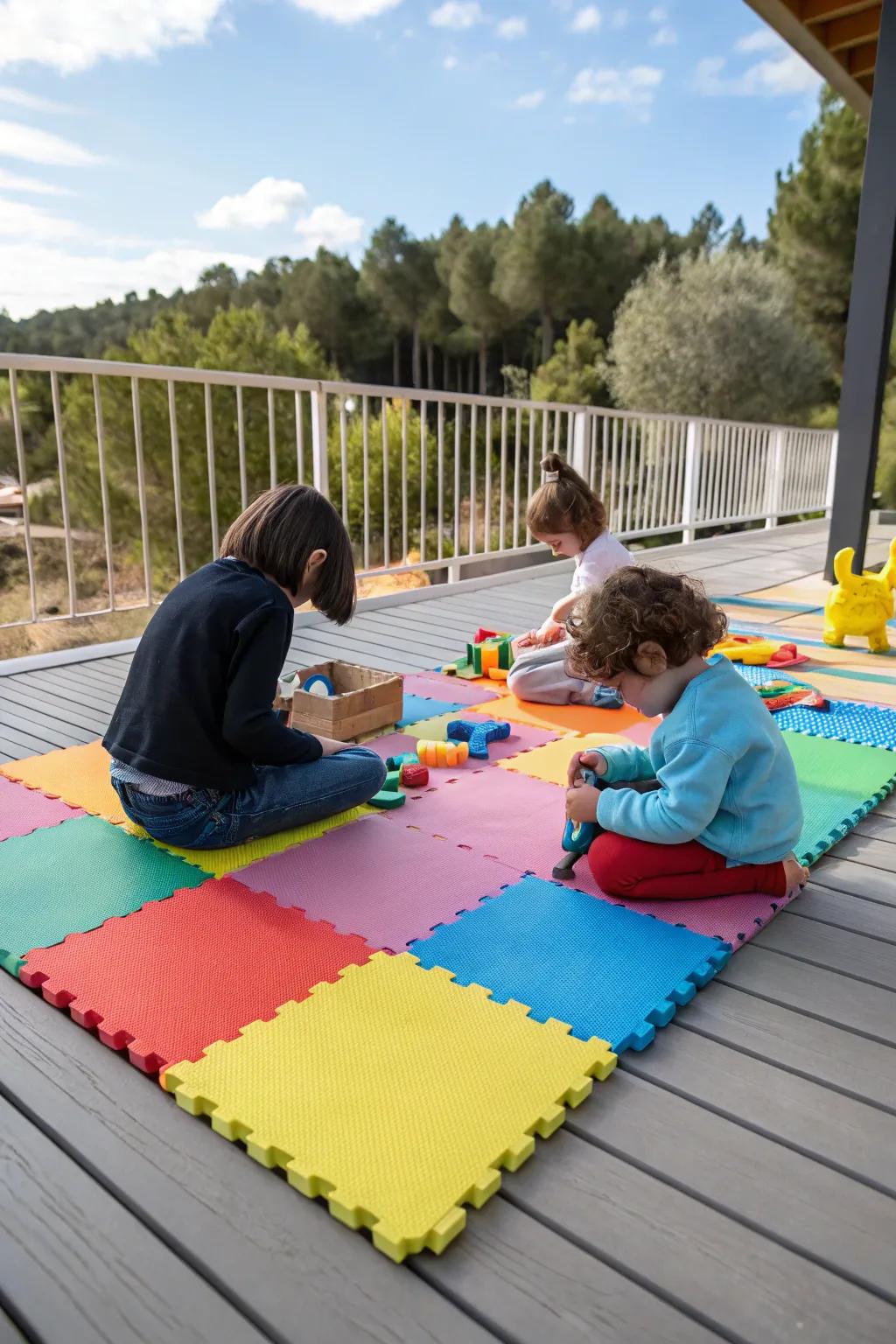 A deck outfitted with colorful cushioned tiles where children play comfortably.