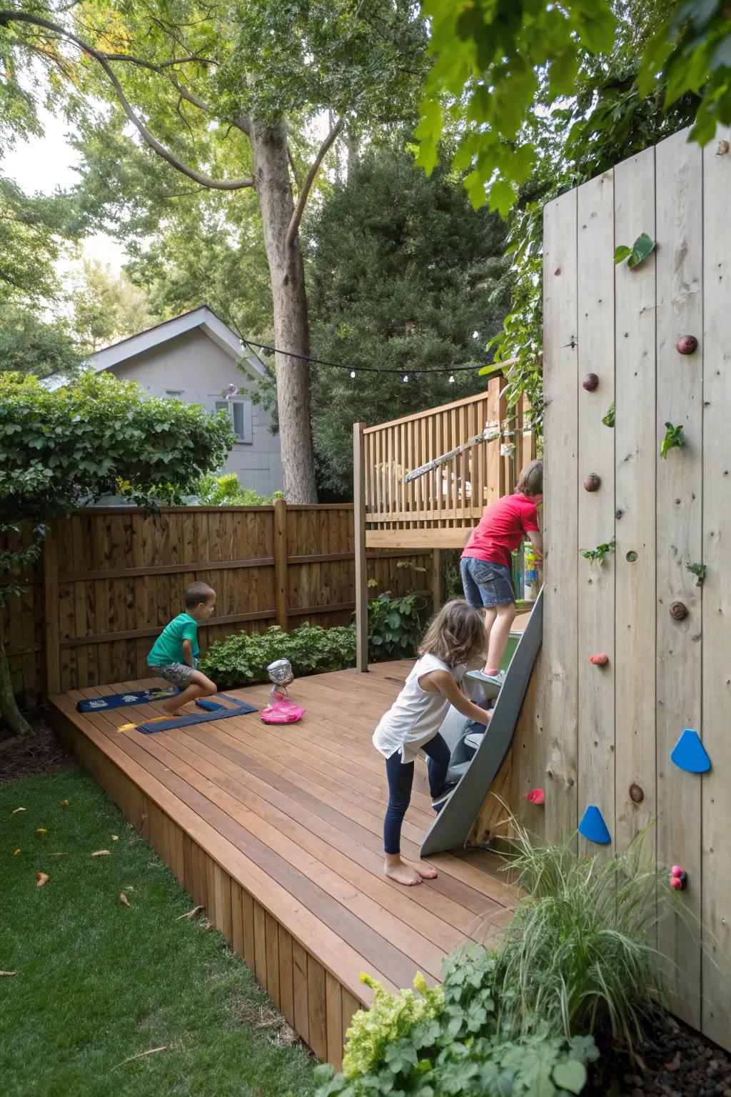 Children climbing a small, colorful climbing wall installed on a deck.