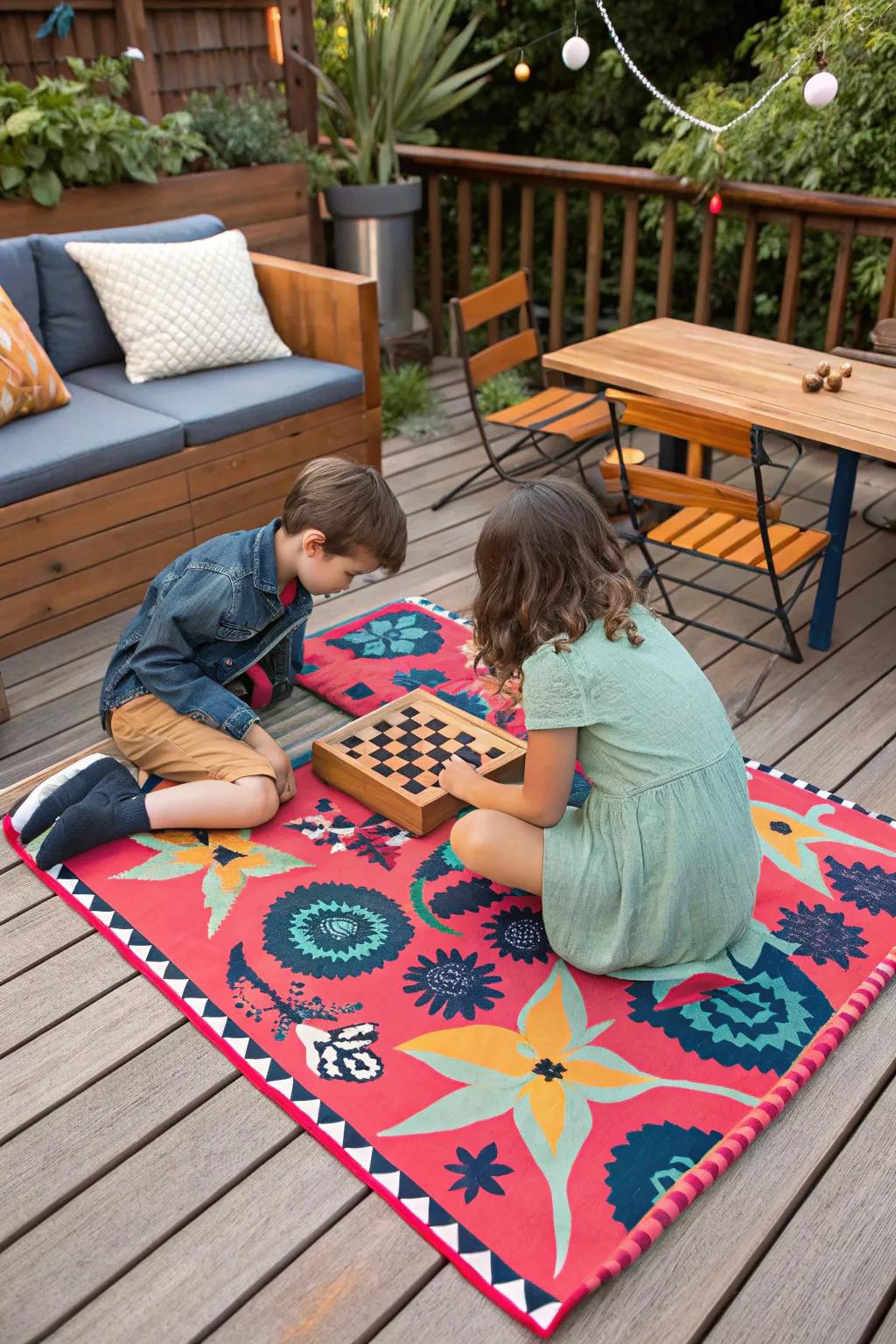 Children playing board games on a colorful outdoor rug laid on a deck.