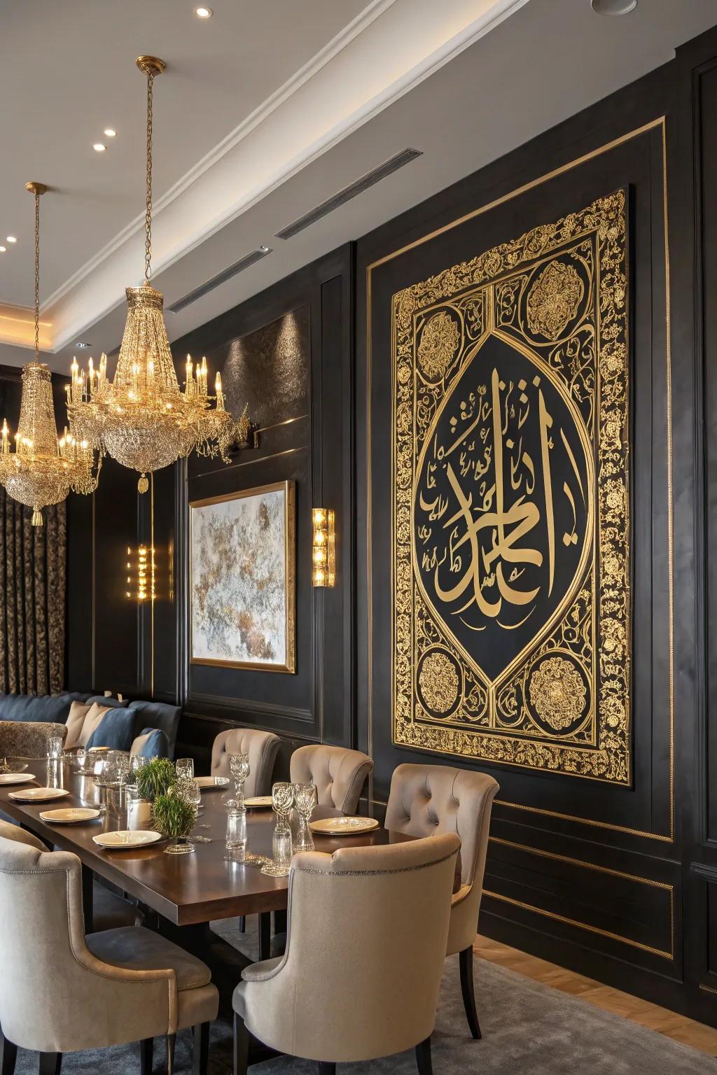 Artworks featuring gold accents on deep charcoal backgrounds evoke richness and tradition.