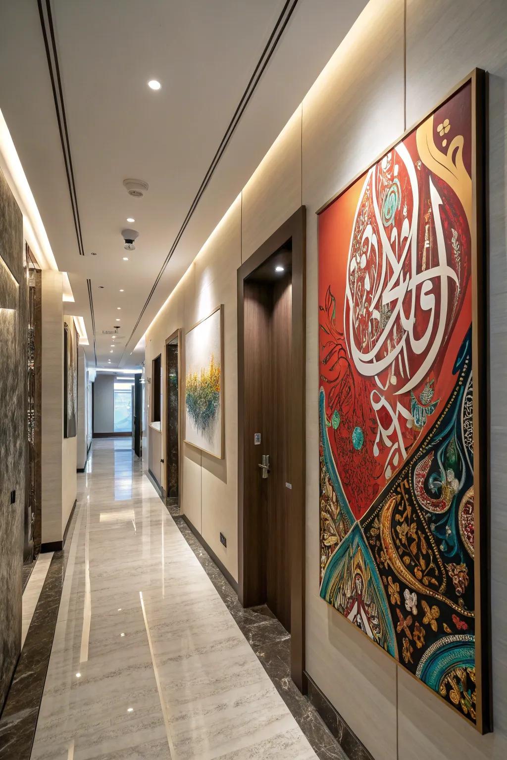 Abstract Islamic motifs reinterpret traditional themes with bold colors and fluid shapes.