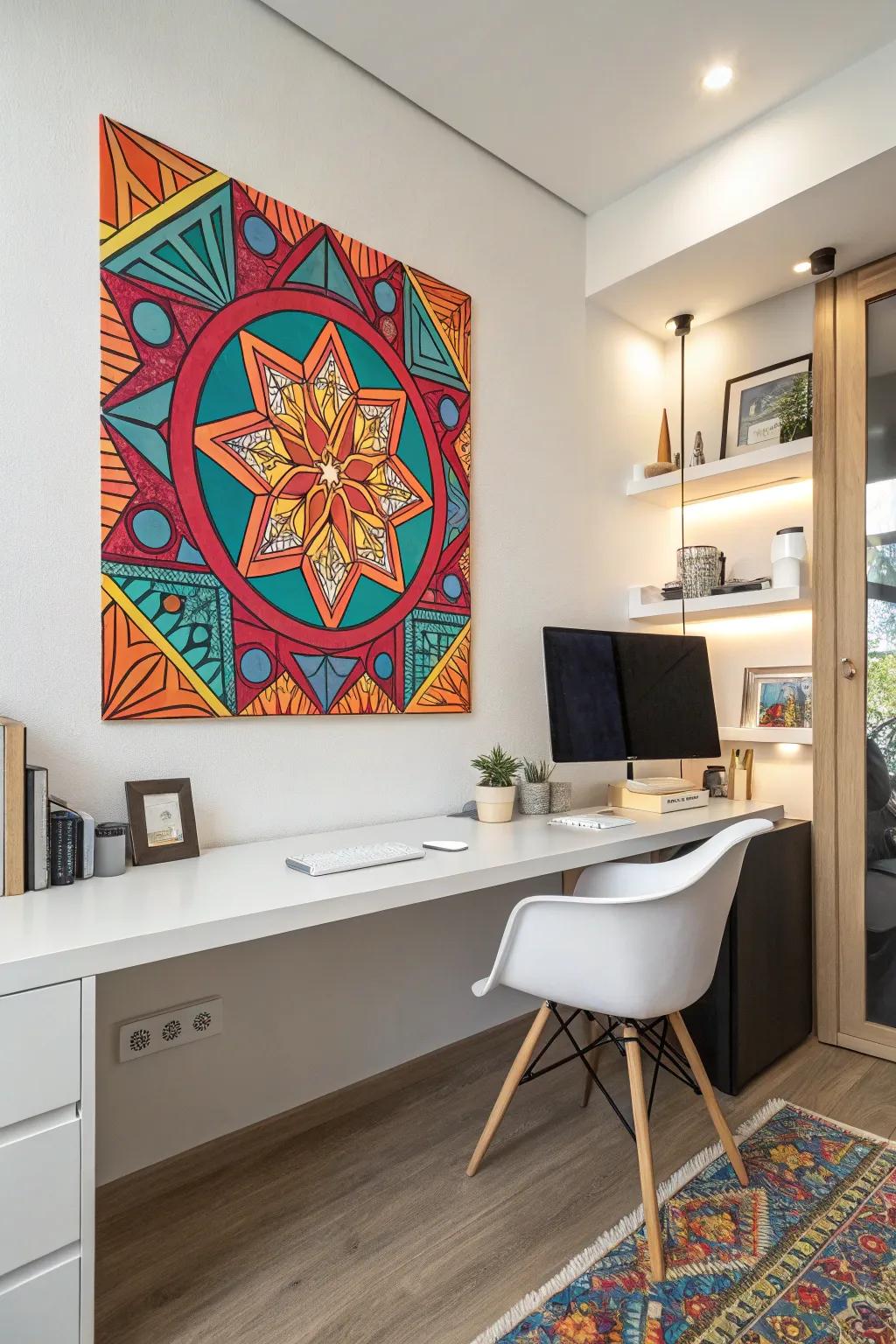 Colorful geometric patterns energize interiors with cultural vibrancy and rhythm.