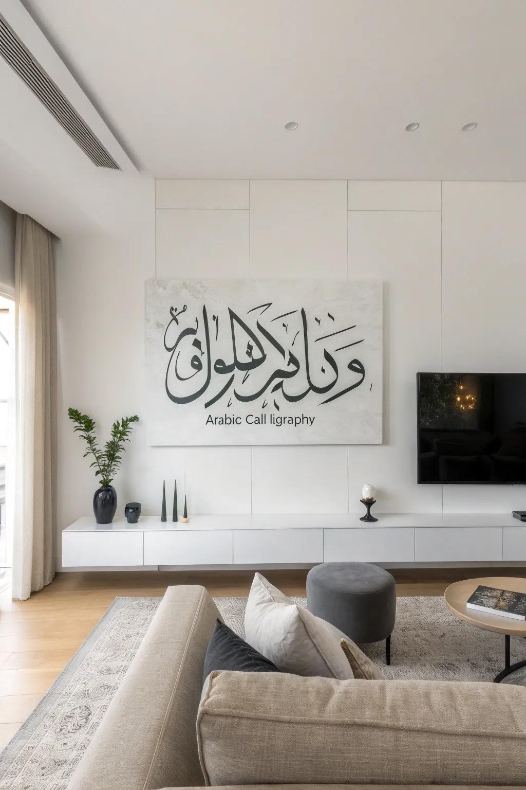 Sleek, minimalist Arabic calligraphy complements contemporary interiors.