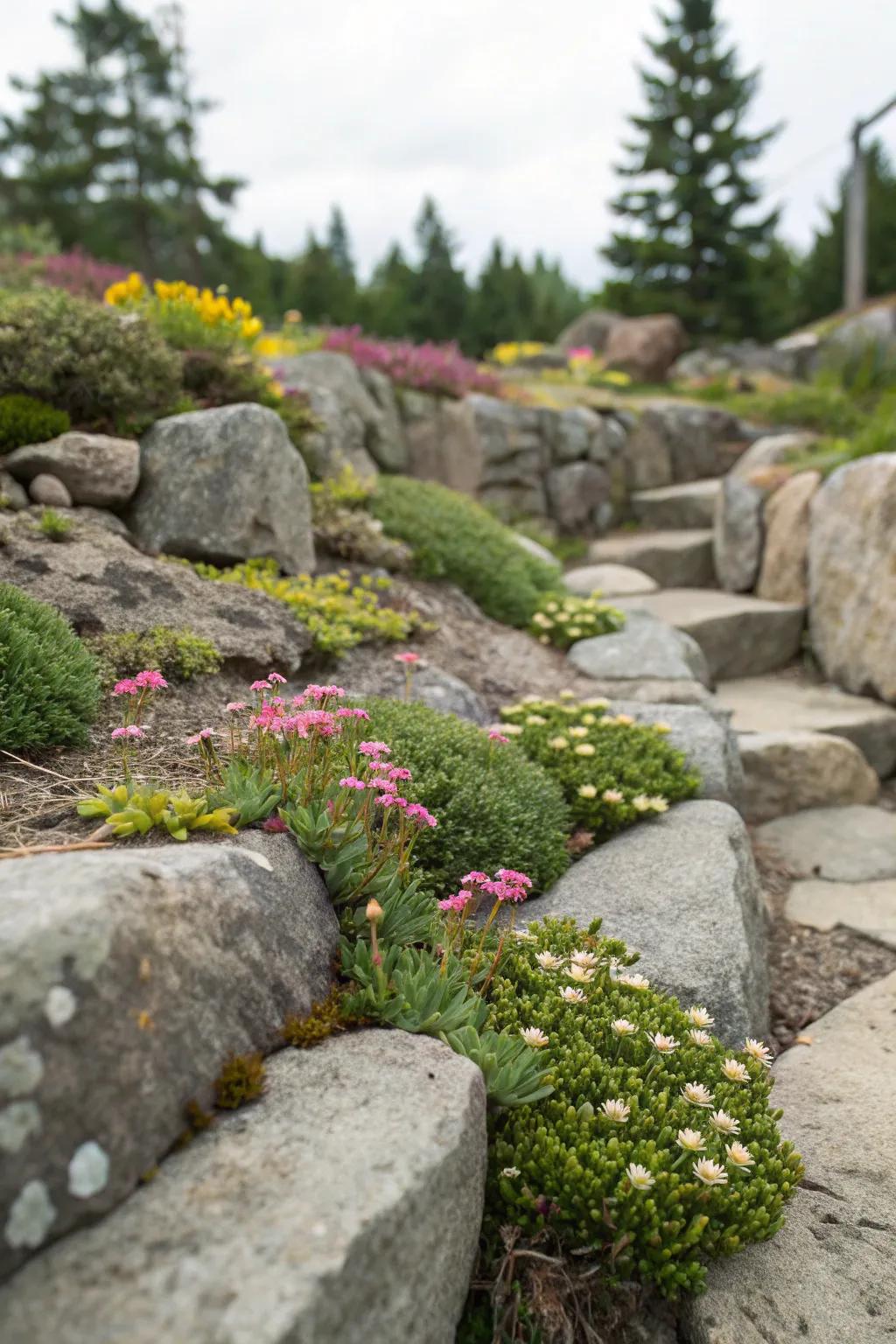 Elegant vertical crevice garden showcasing alpine plants.