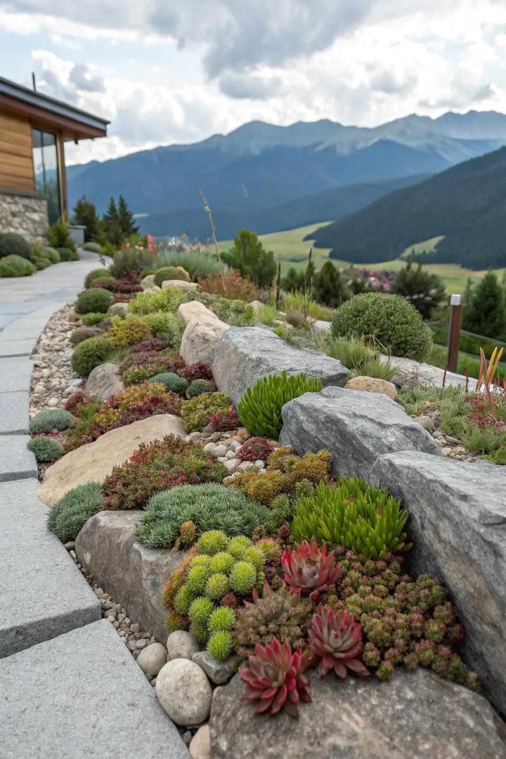 Sleek alpine succulent garden with modern flair.