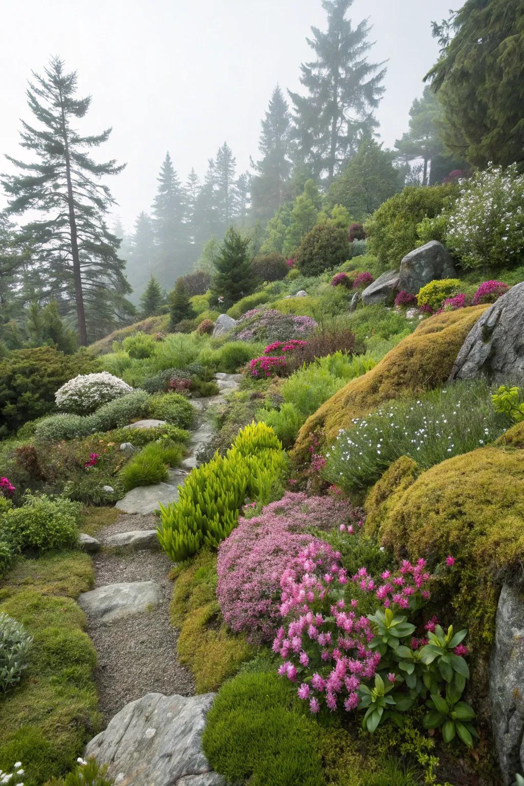 A harmonious blend of textures in an alpine garden.