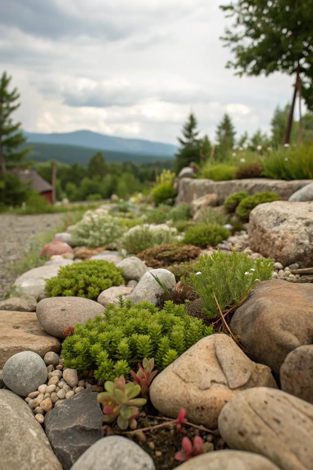 Balanced rock garden with alpine flowers and stones.