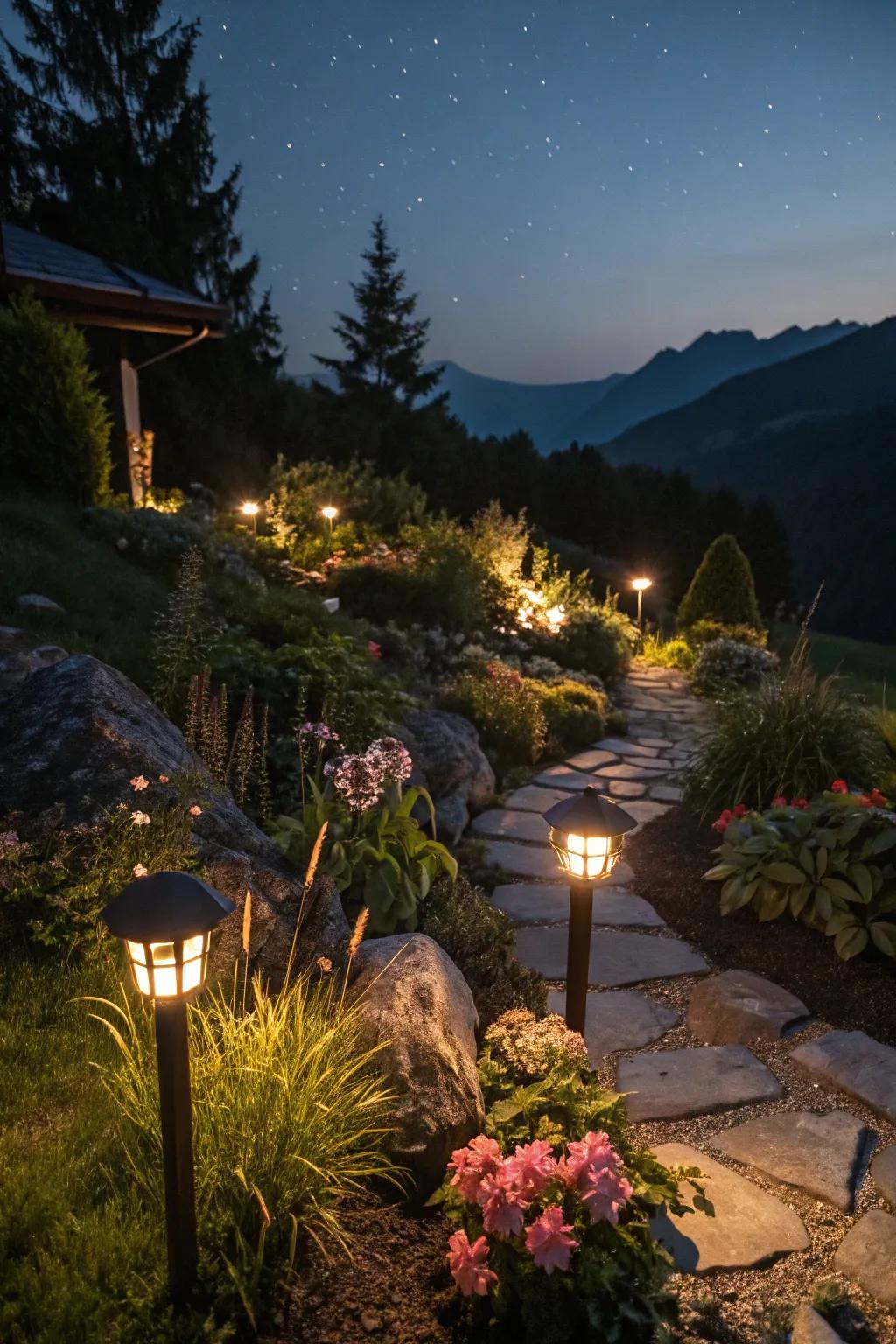 Softly lit alpine garden creating a magical atmosphere.
