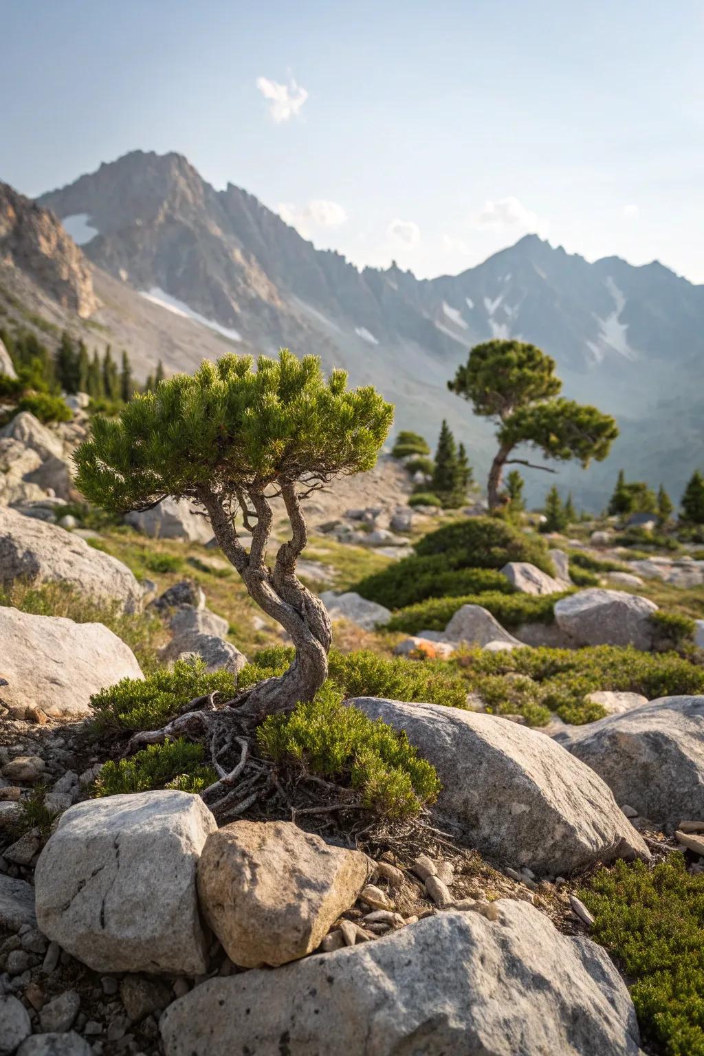 Tiny alpine trees adding forest-like charm.