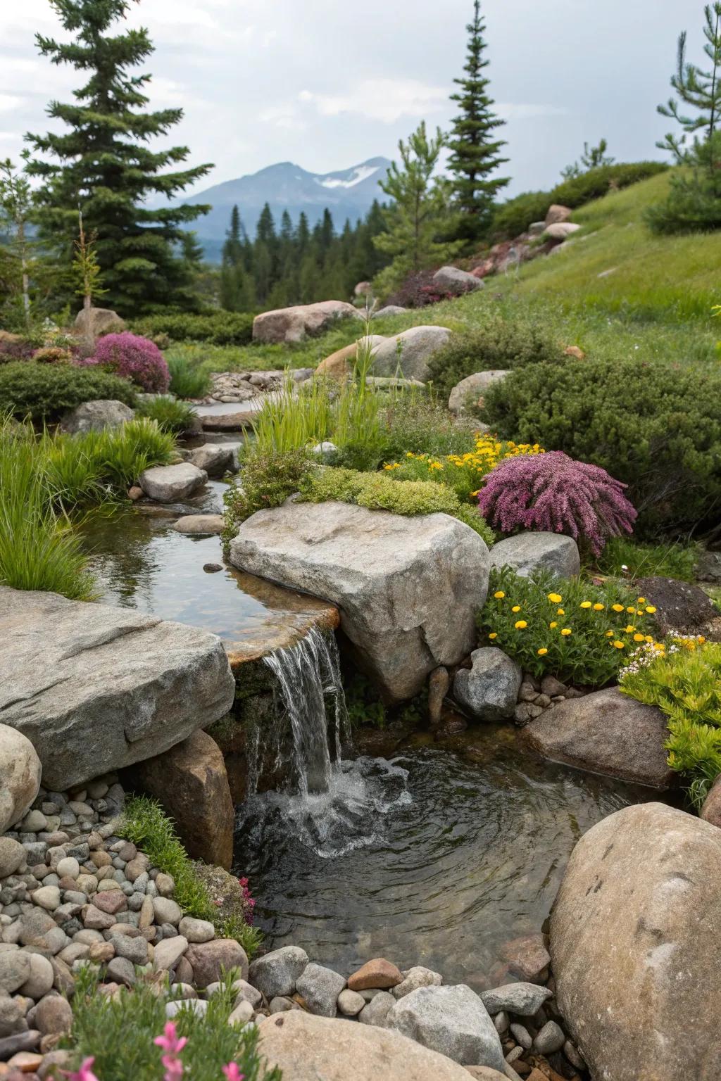 Peaceful alpine water feature nestled among rocks.