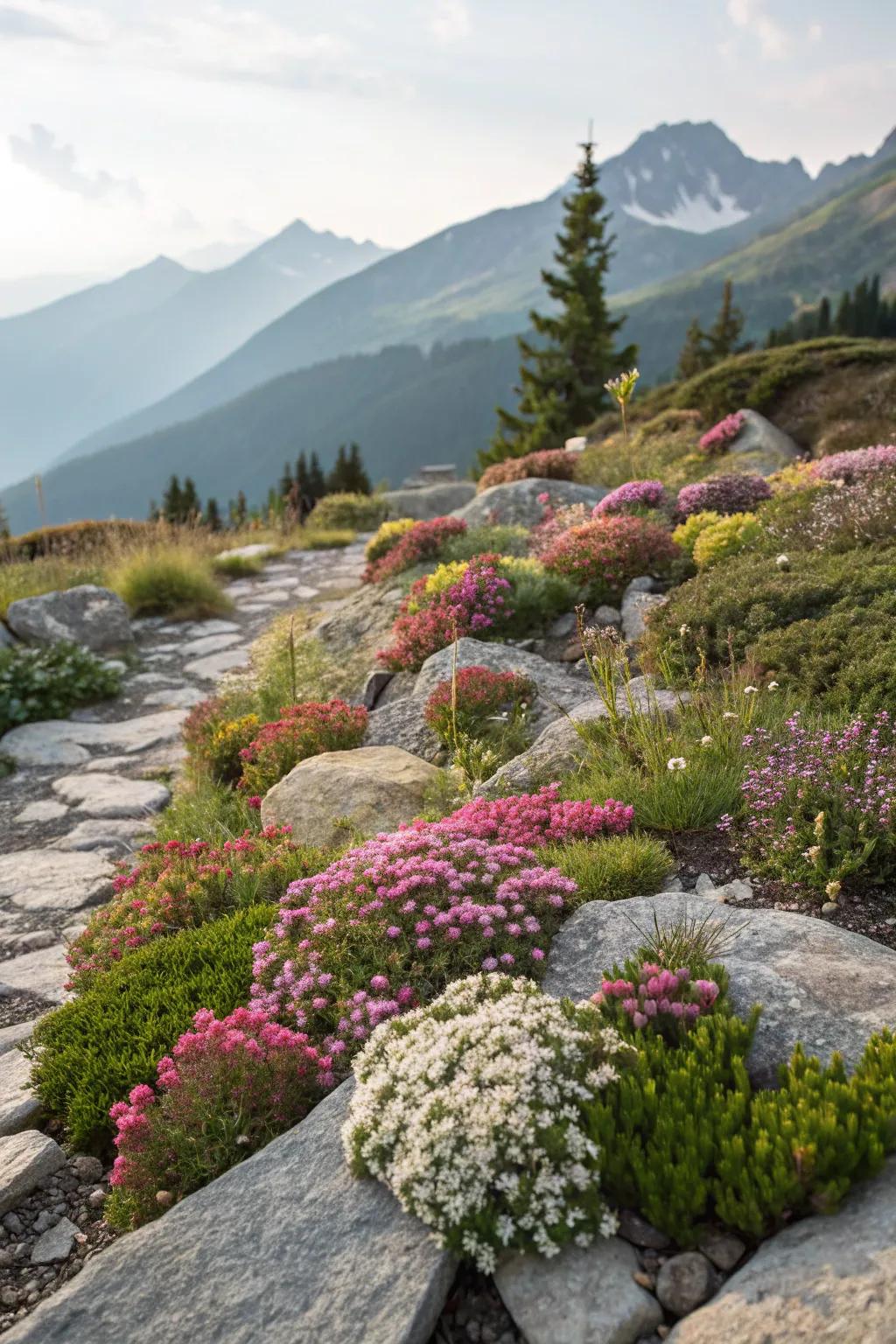 Colorful alpine plants thriving among rocks.
