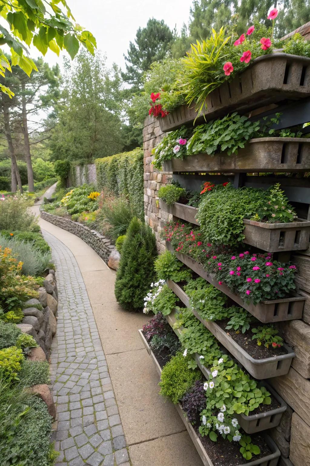 Striking vertical alpine planter wall.