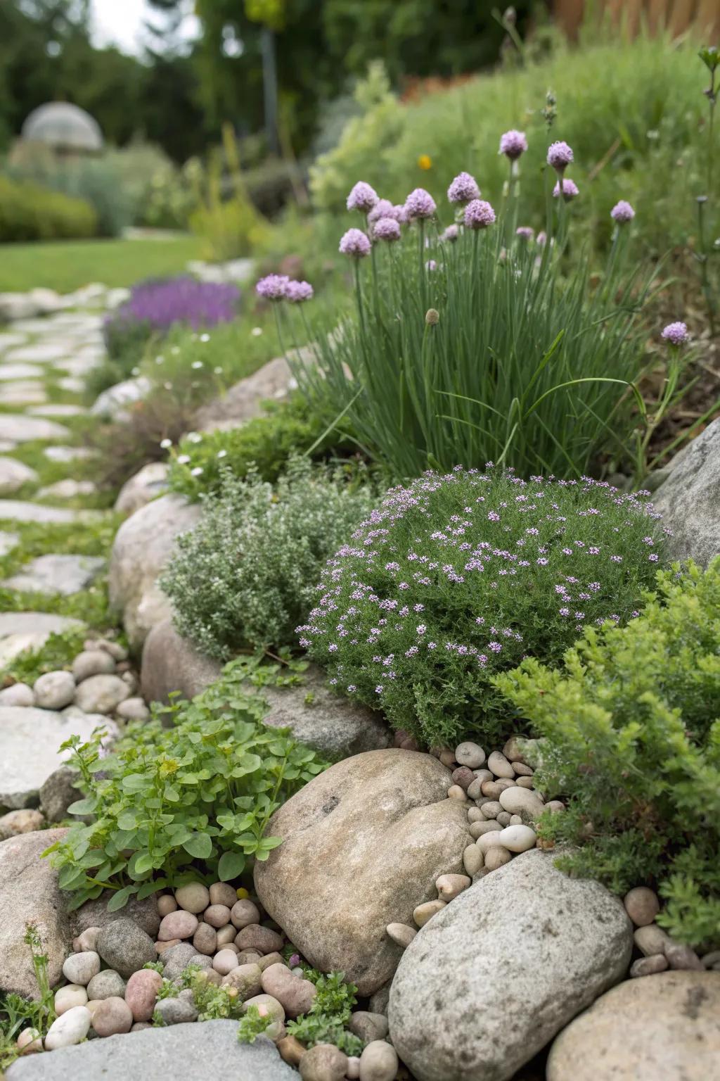Alpine garden featuring fragrant edible herbs.