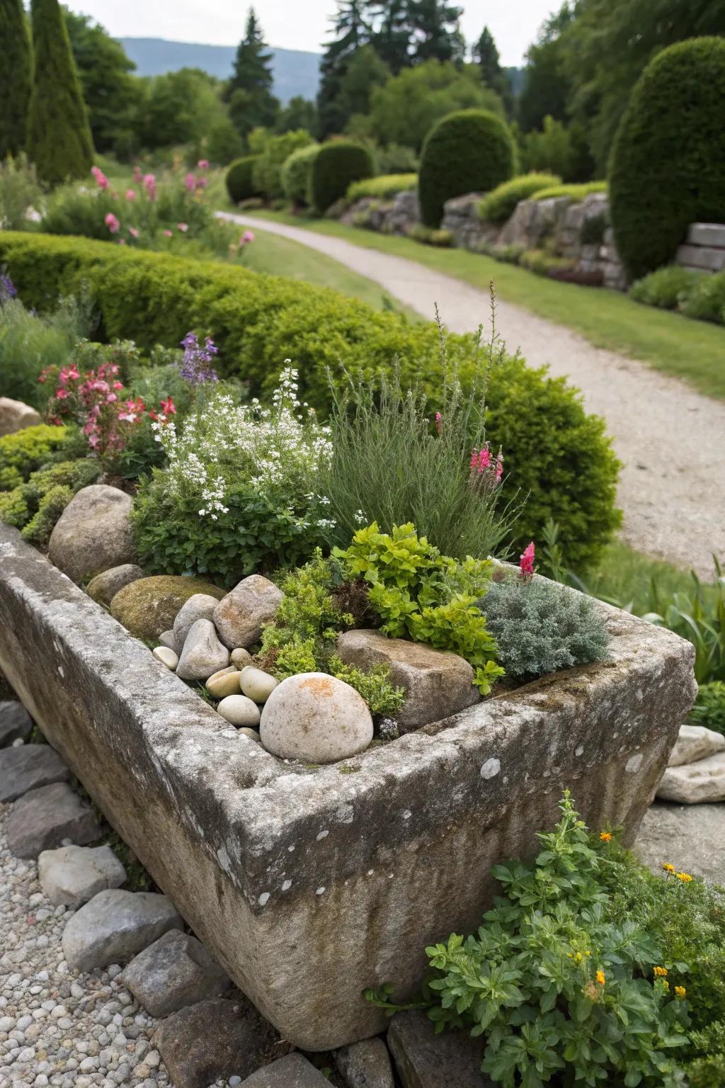 Miniature alpine scene in a stone trough.