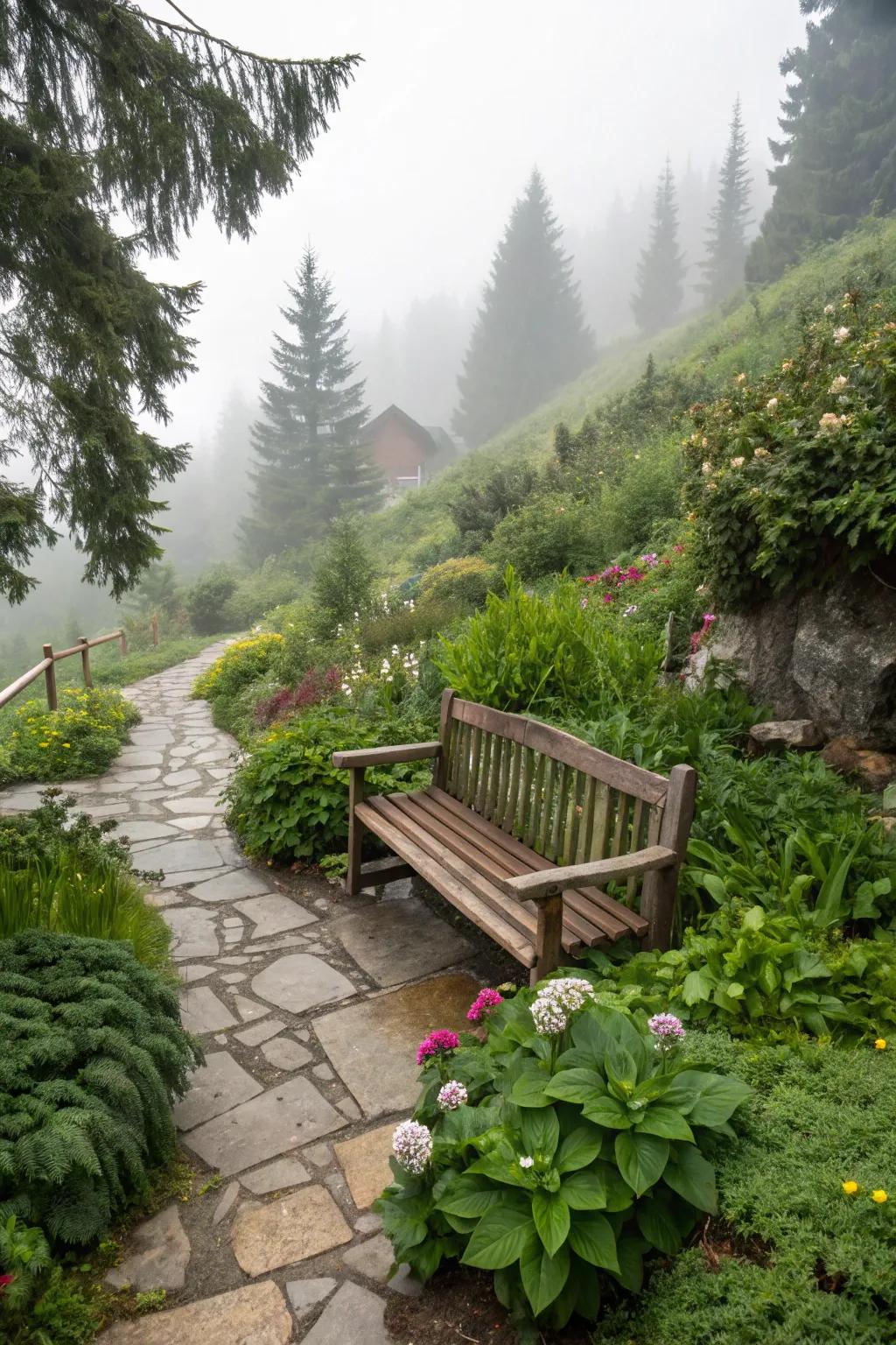 Relaxing seating area nestled in alpine garden.
