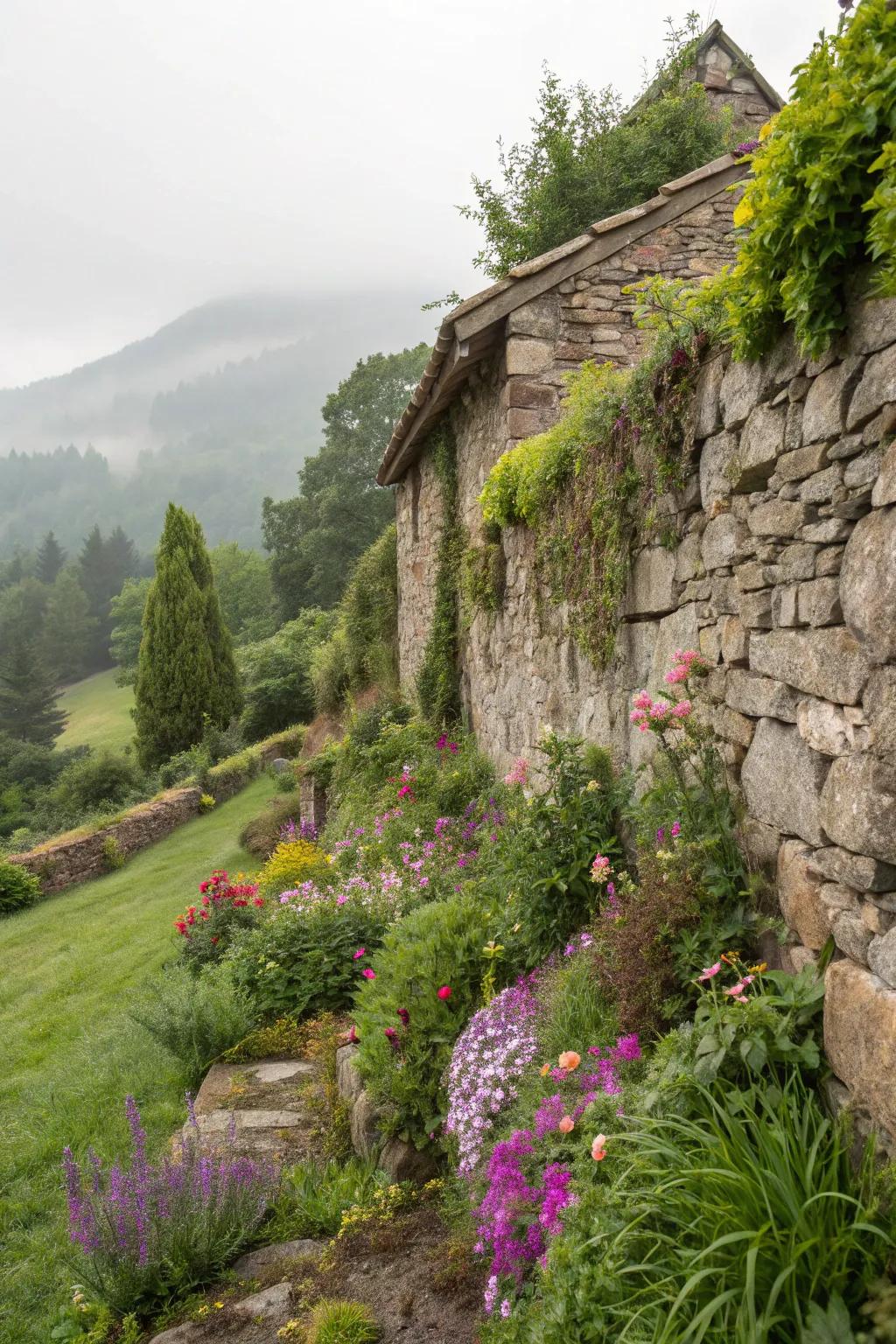 Rustic stone wall doubling as a planter.