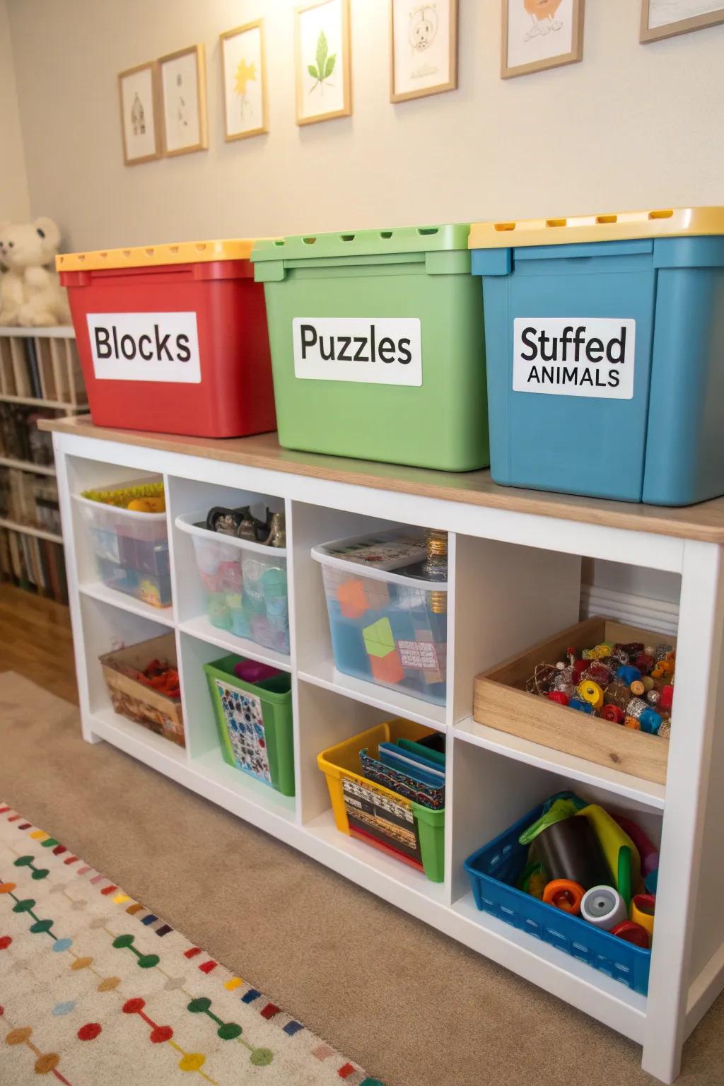 Clearly labeled bins in a playroom ensuring everything has its place.
