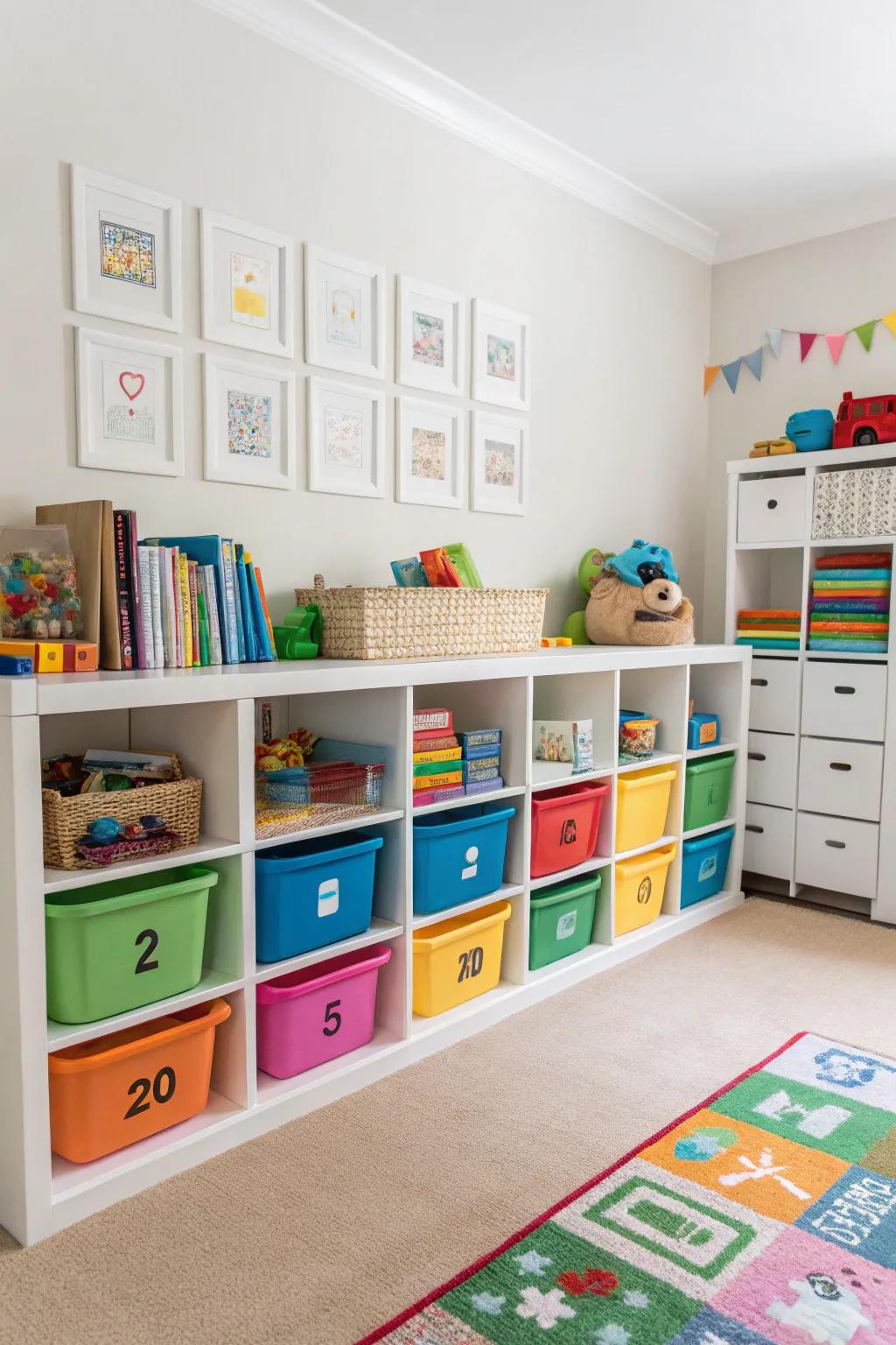 A playroom featuring compartments and colorful bins for easy toy sorting.