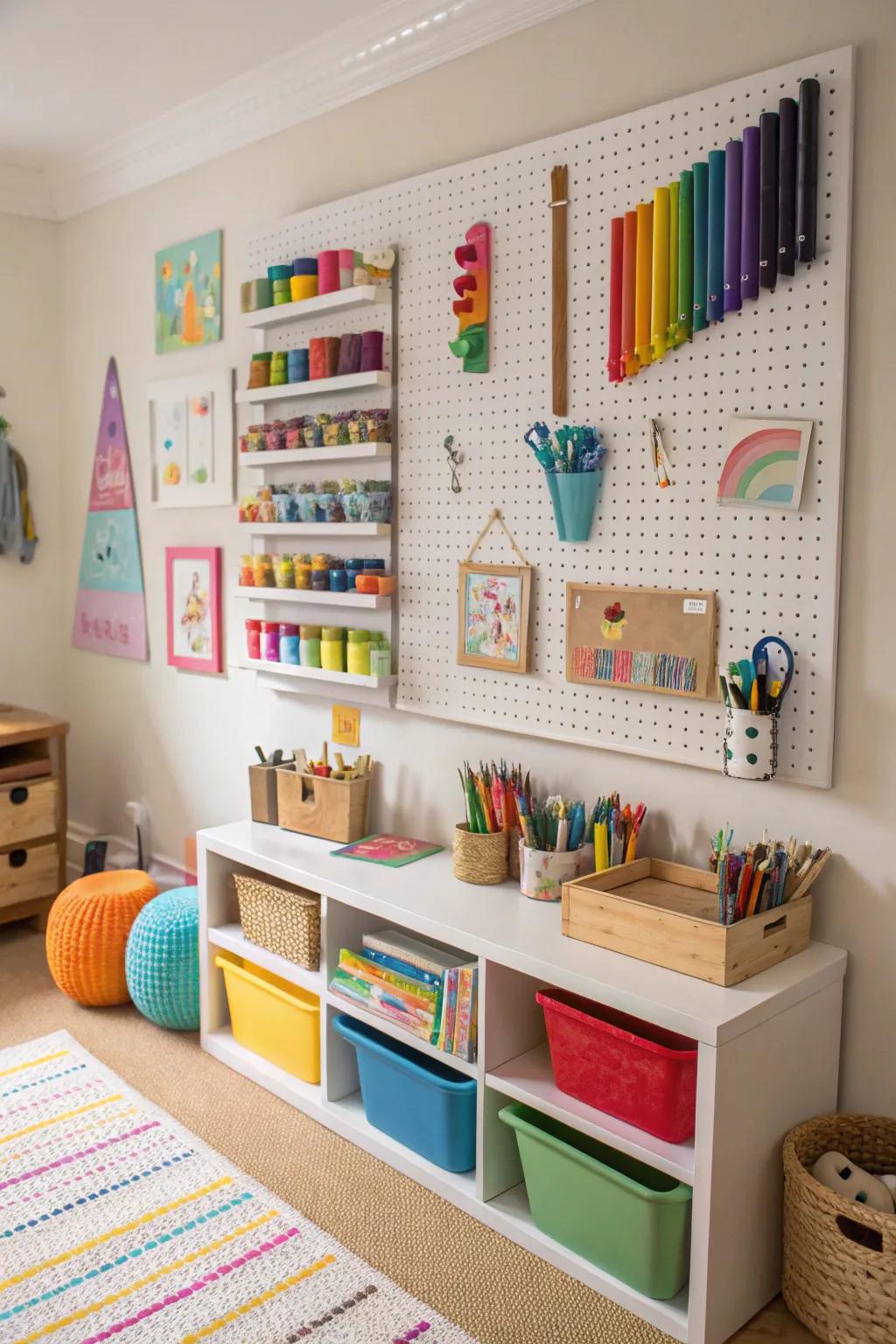 A pegboard organizing art supplies in a playroom.