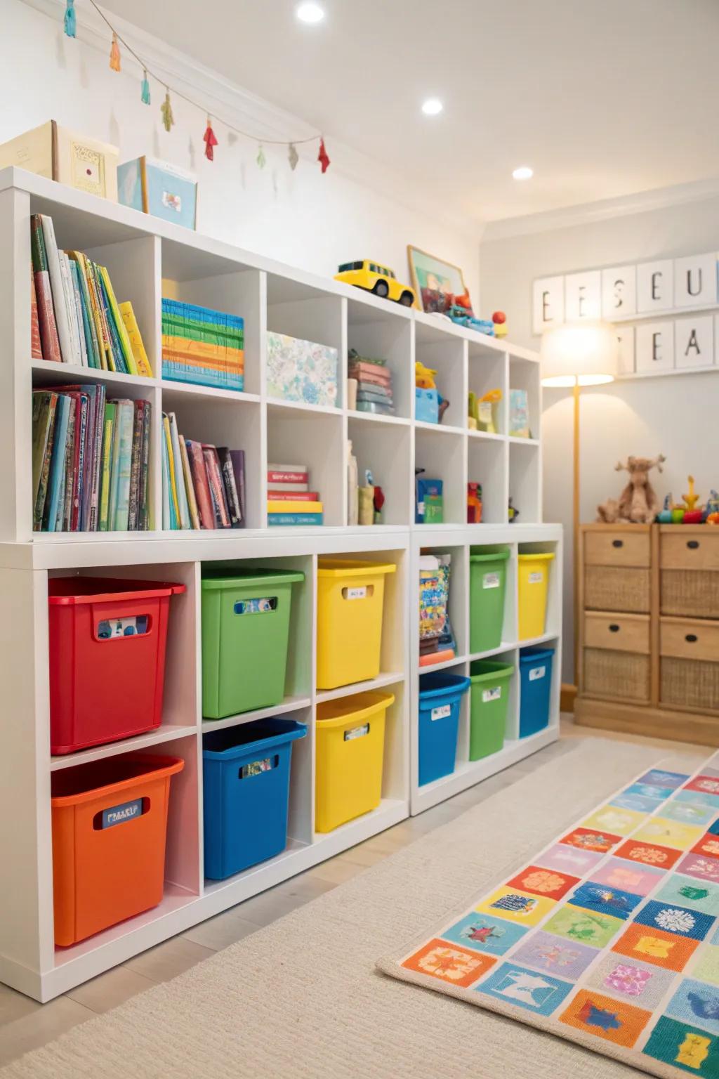 A playroom featuring color-matched bins and shelves for a cohesive look.