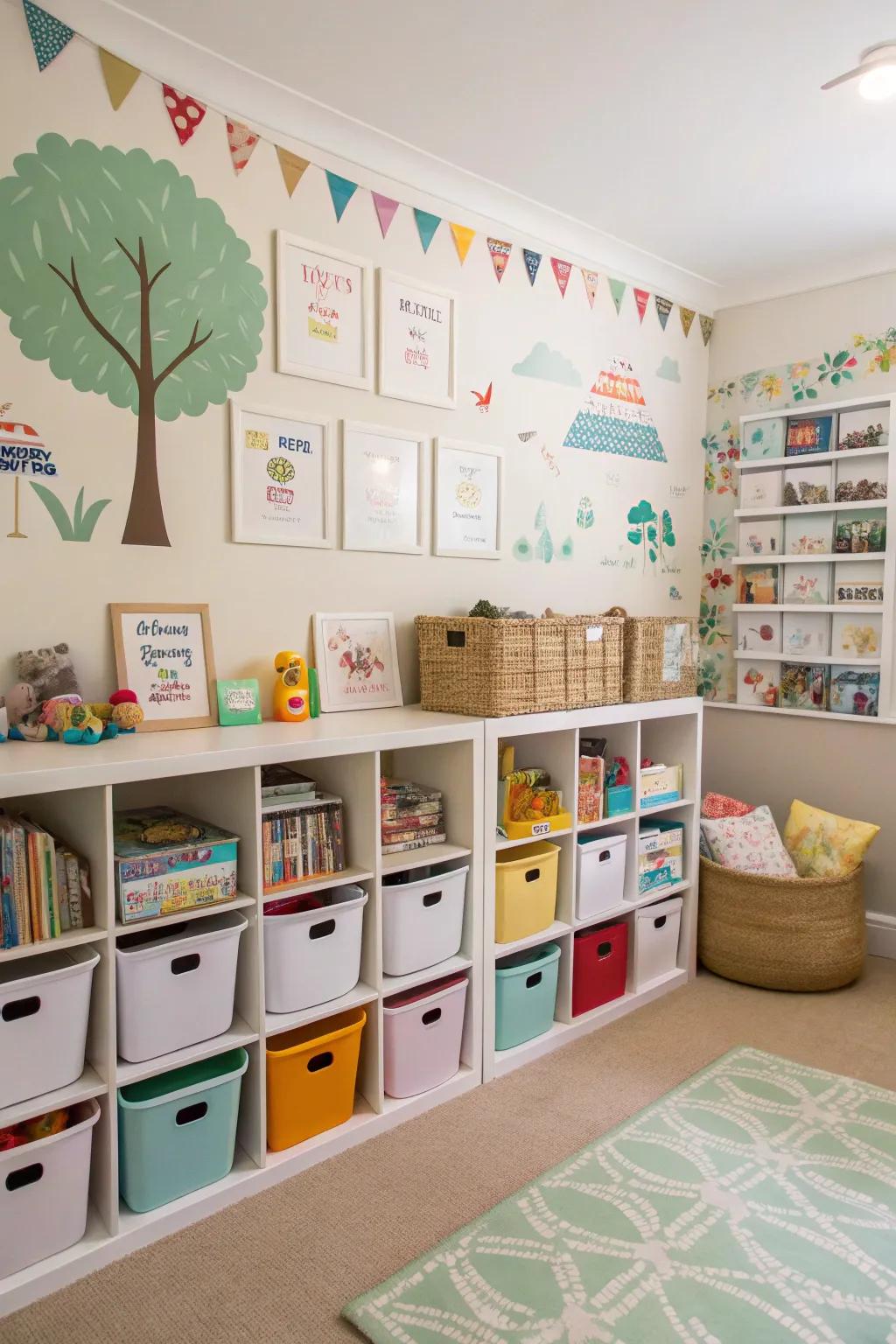 A themed playroom with matching storage and decorative accents.