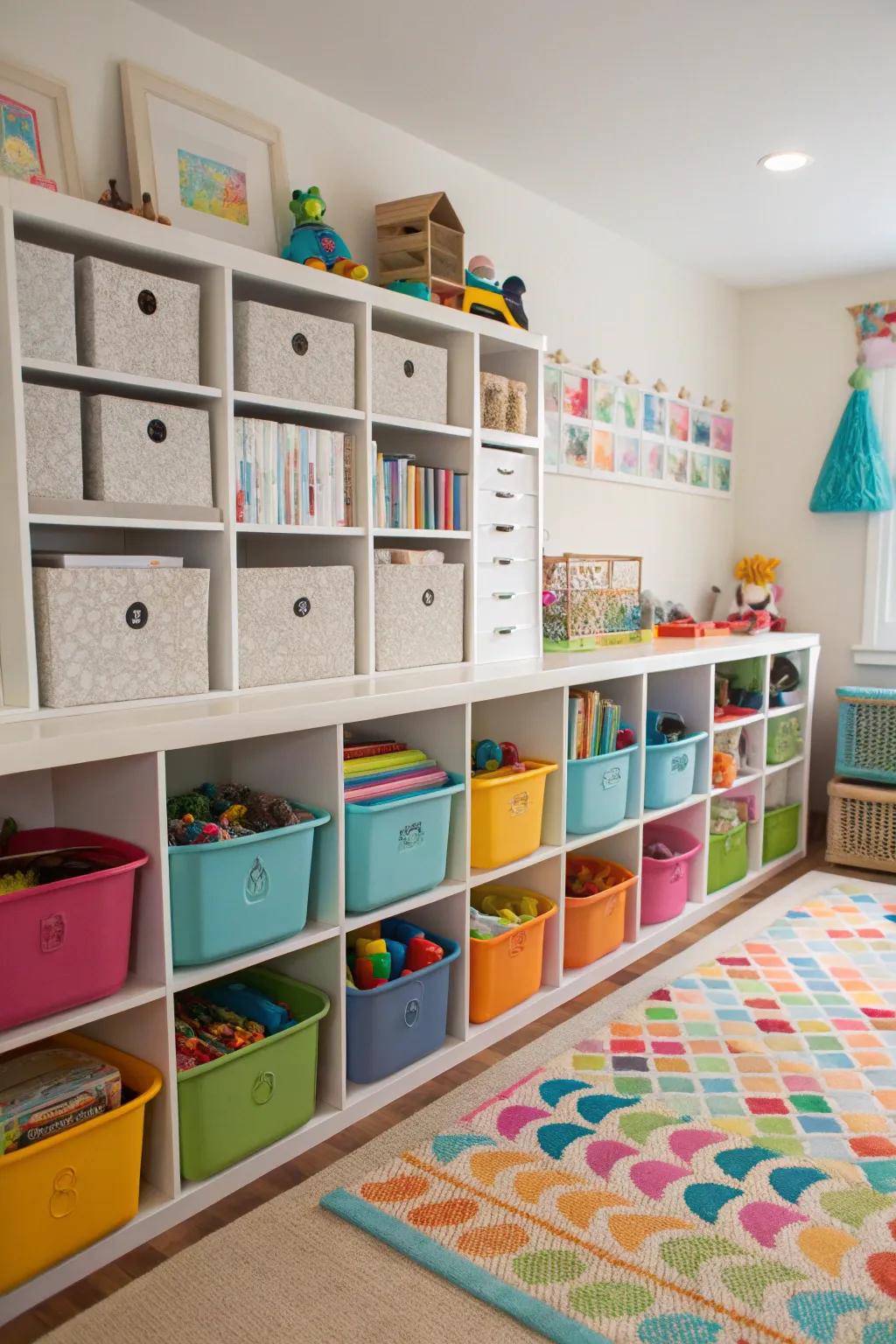 DIY storage solutions crafted from repurposed materials in a playroom.