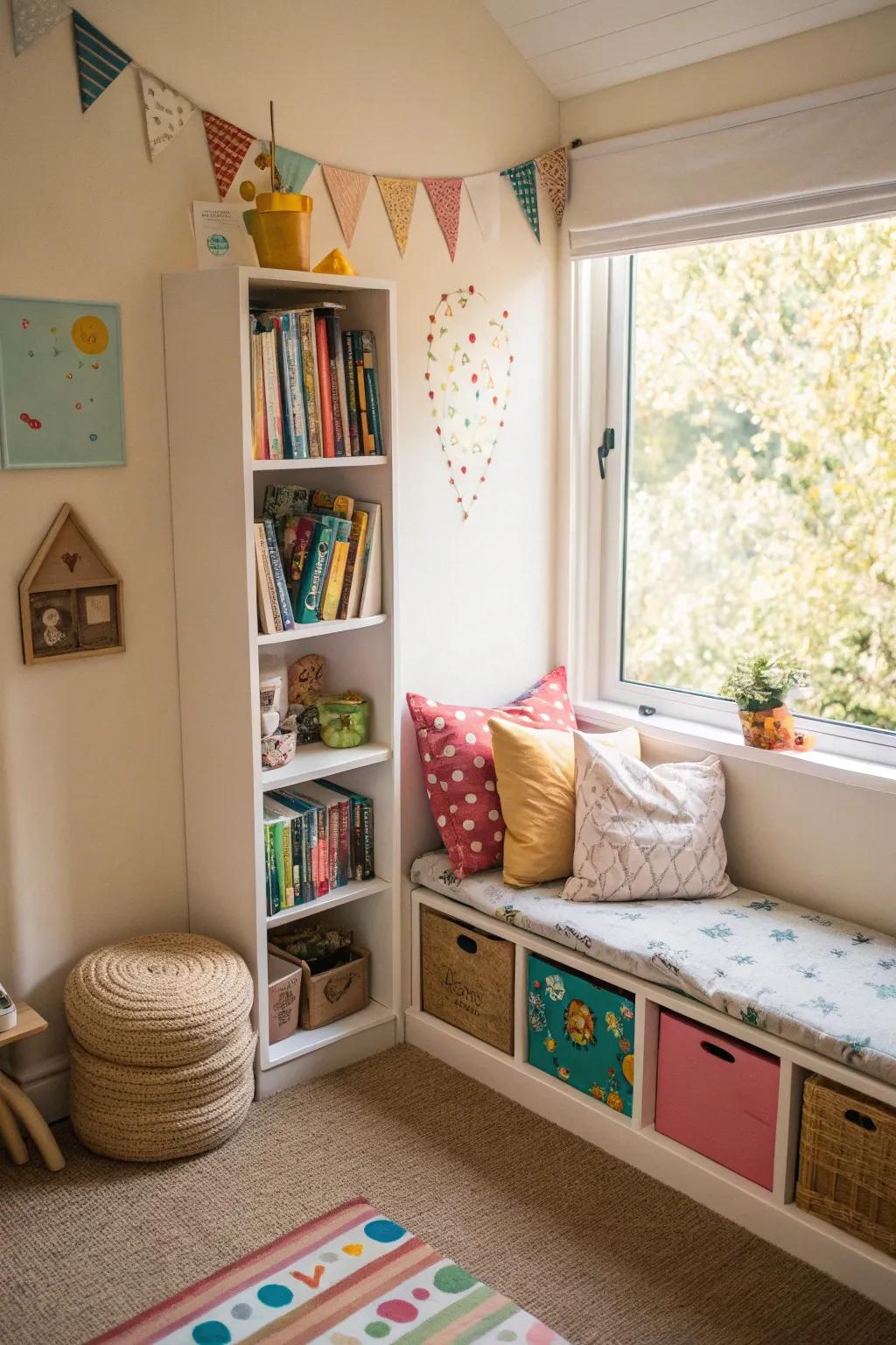 A snug reading corner with cushions and a small bookshelf for storytime.