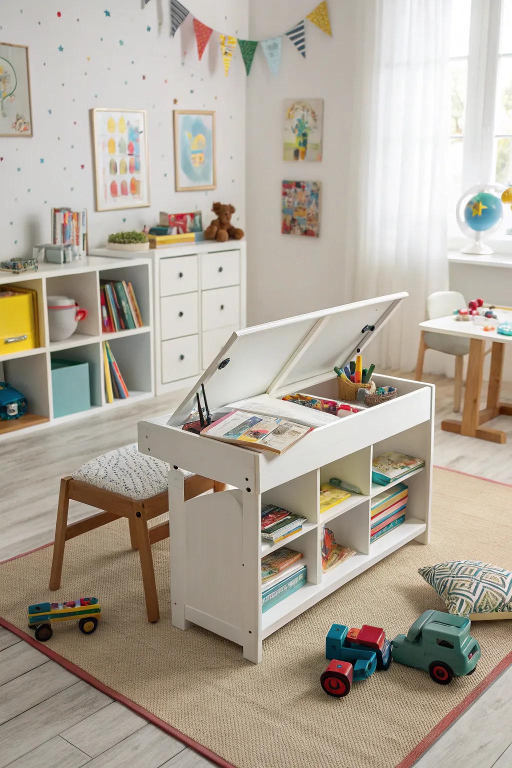 Convertible furniture in a playroom adapting as children grow.