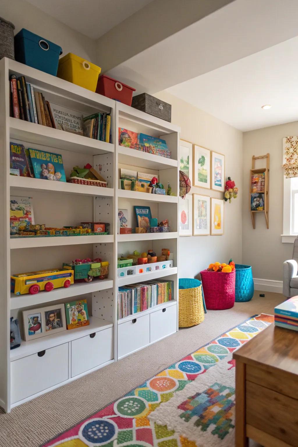 Vertical shelving and wall organizers freeing up floor space in a playroom.
