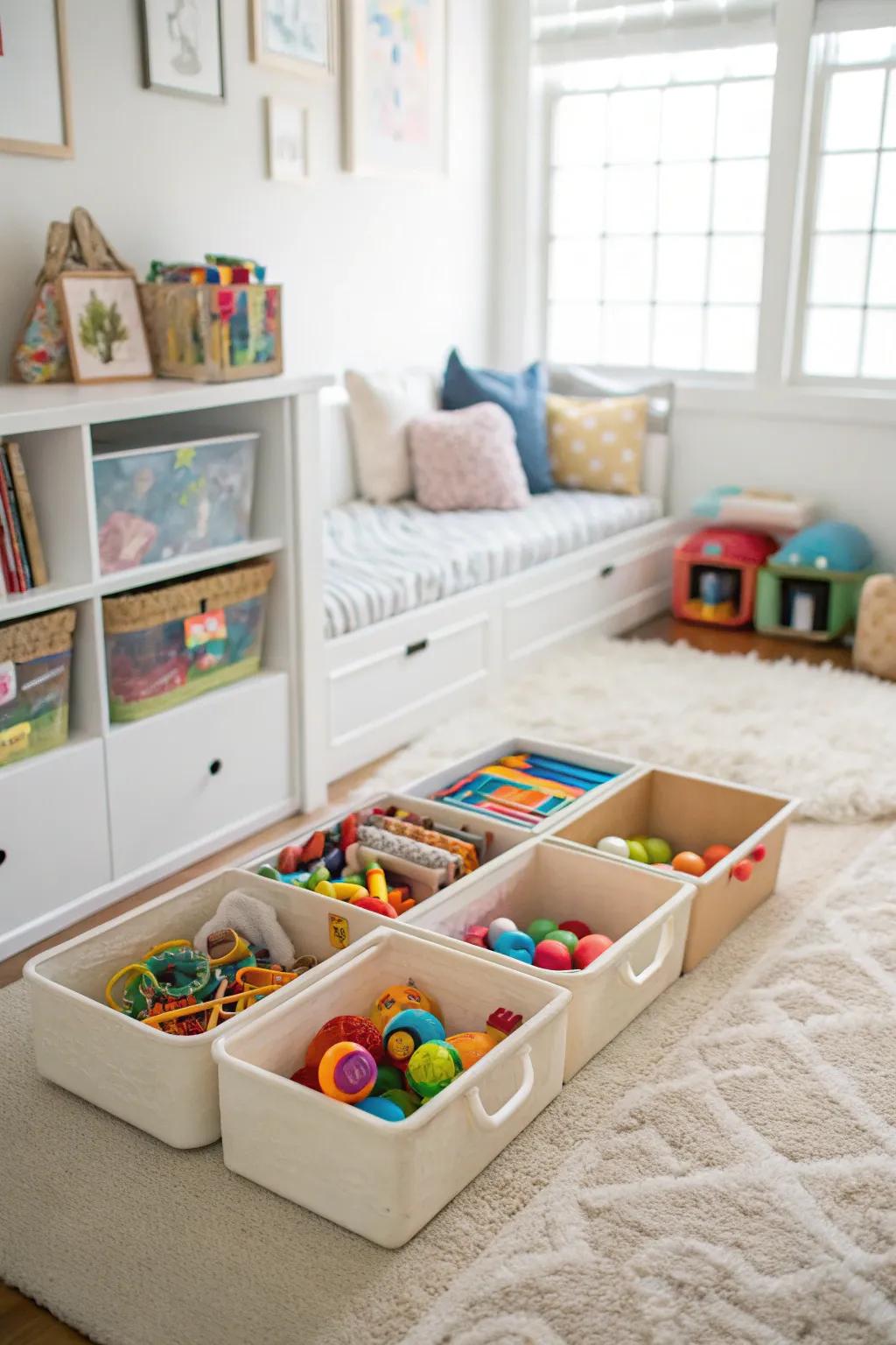 Under-bed storage bins filled with toys, optimizing playroom space.