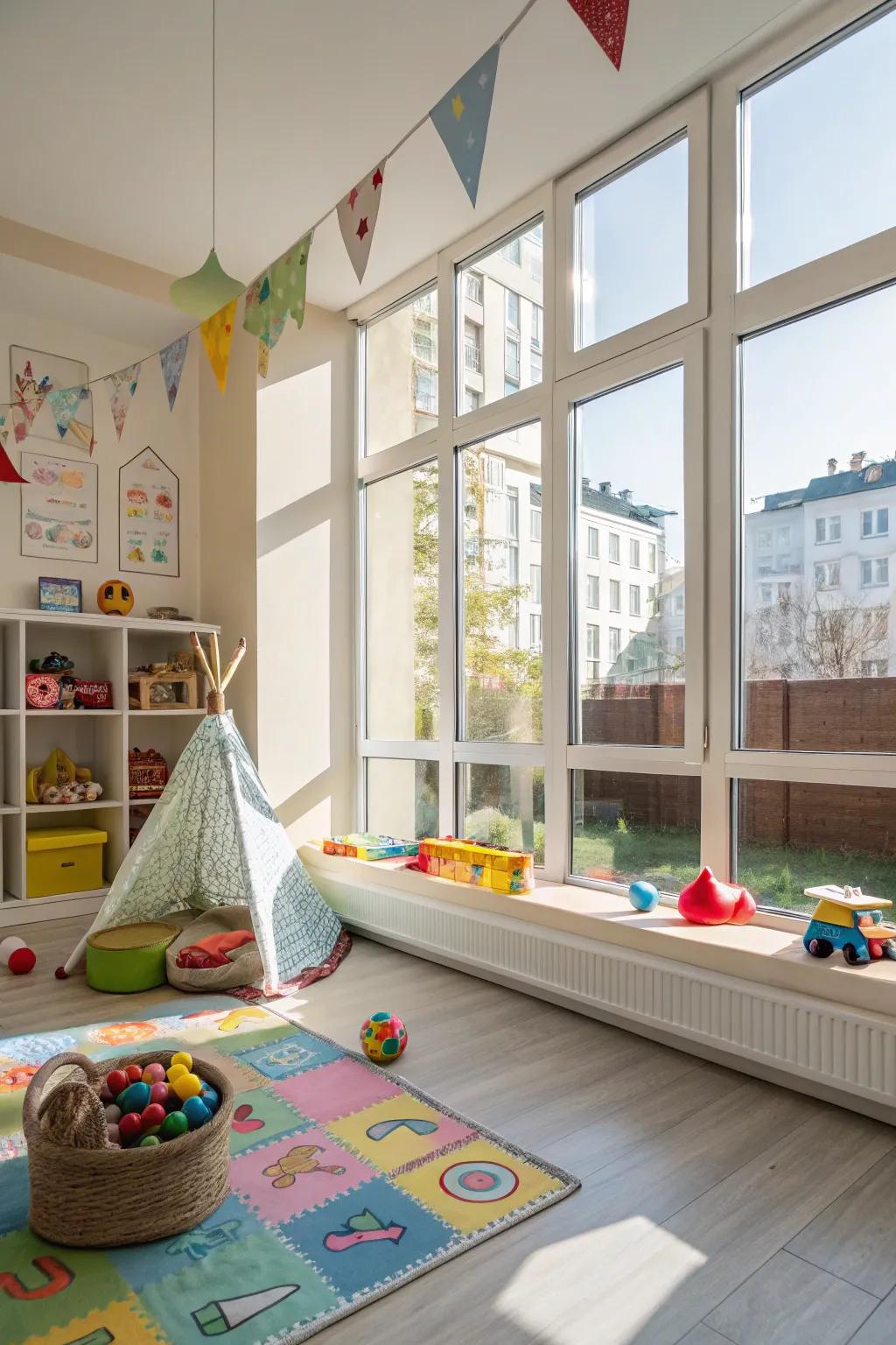 A sunlit playroom with large windows enhancing the space.