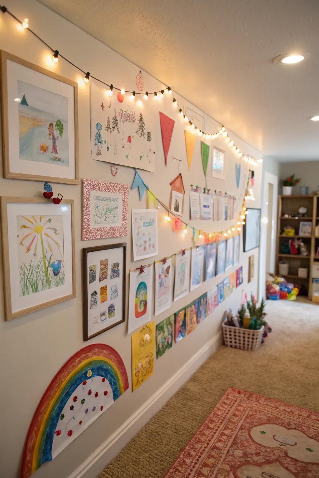 Children's artwork displayed on a playroom wall adds personality.