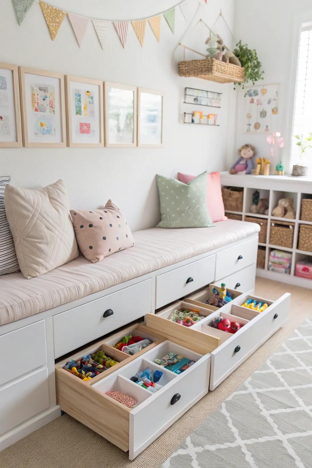 A storage bench in a playroom neatly concealing toys.