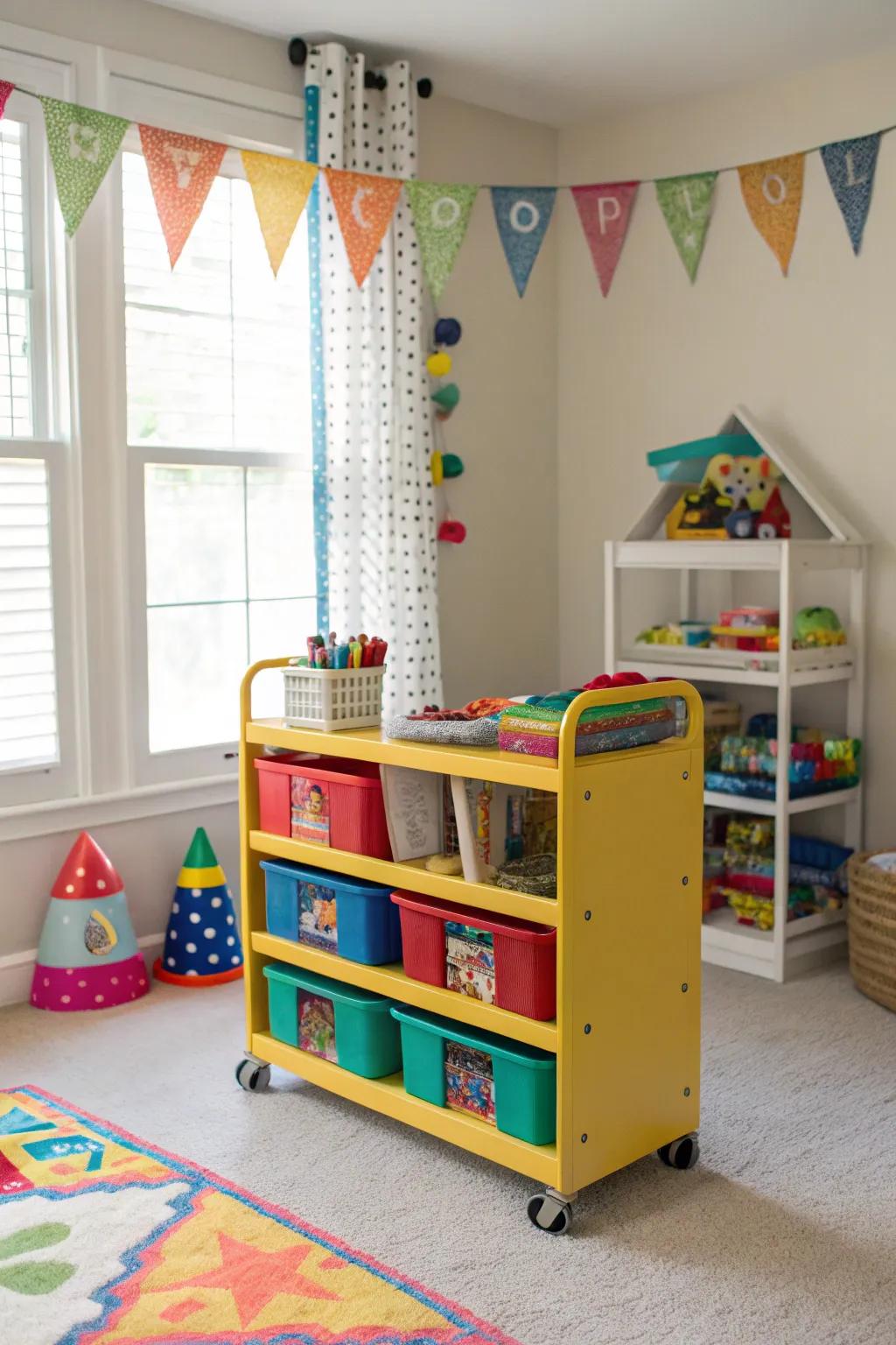 A colorful rolling cart providing flexible storage in a playroom.