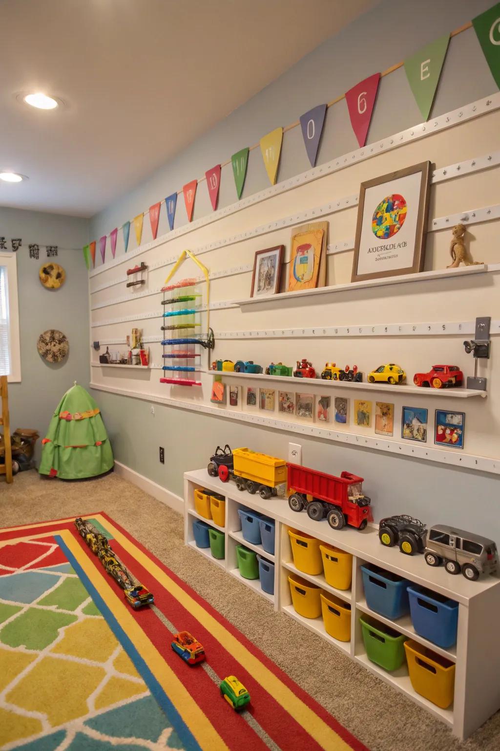Magnetic strips organizing metal toys neatly in a playroom.