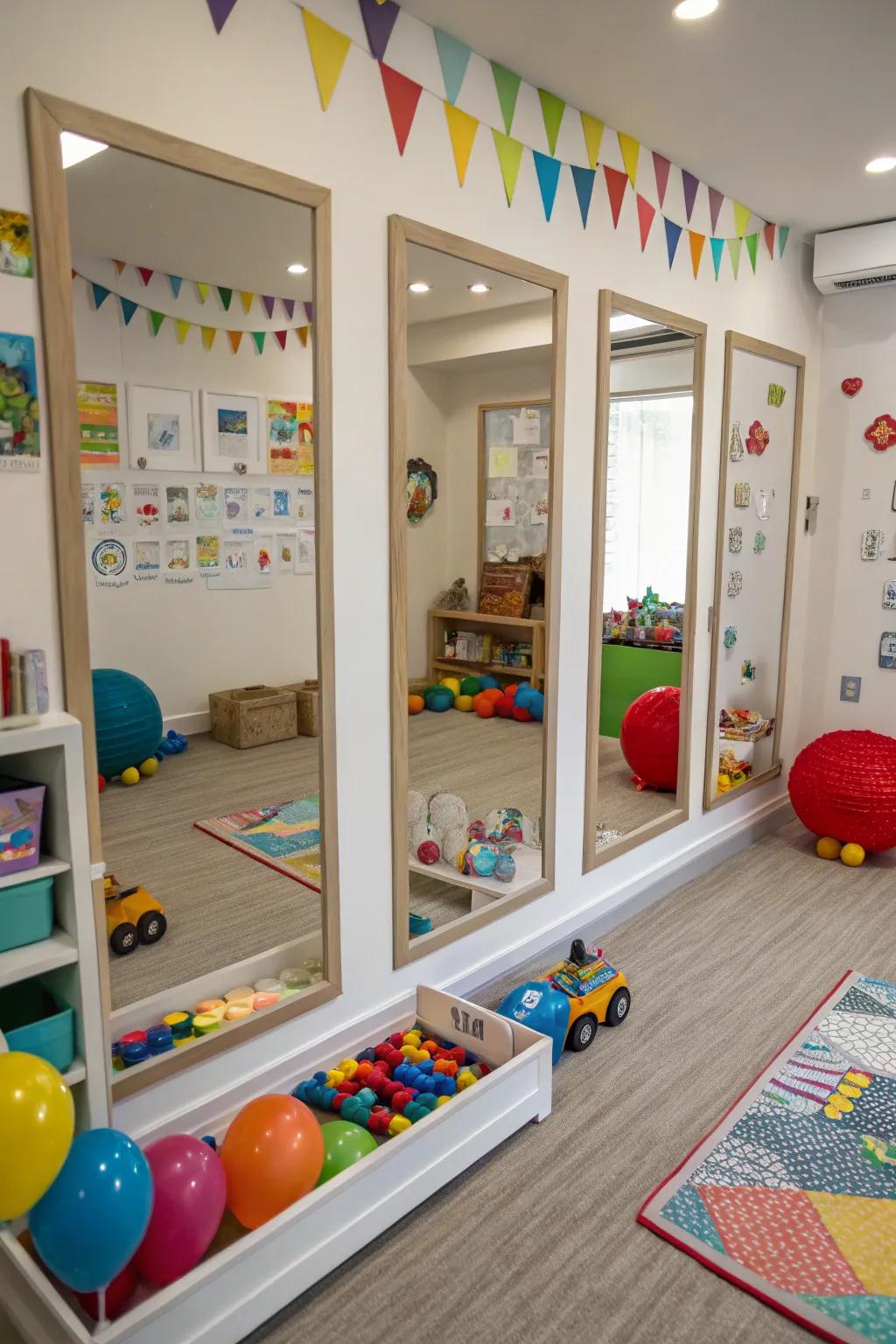 Mirrors in a playroom creating an illusion of a larger, brighter space.