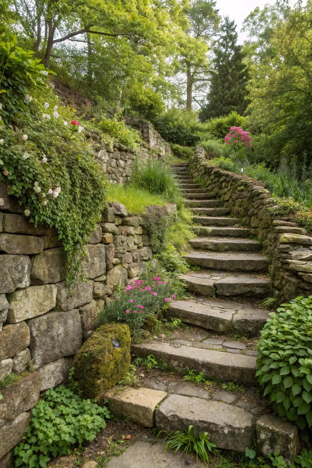 Stone steps integrated into garden walls provide both elegance and practicality.