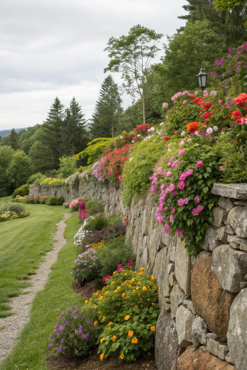Colorful flowers bring lively accents to stone wall landscapes.