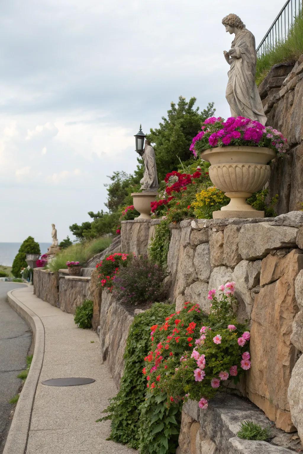 Decorative sculptures and pots add personality to stone wall gardens.