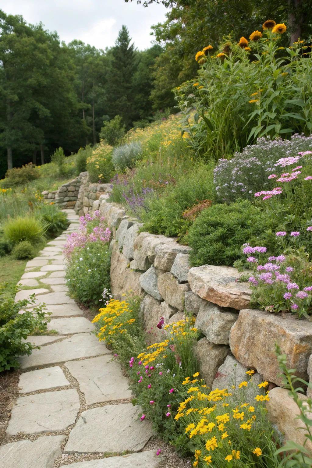 Natural stone walls blend effortlessly with their surroundings for an organic look.