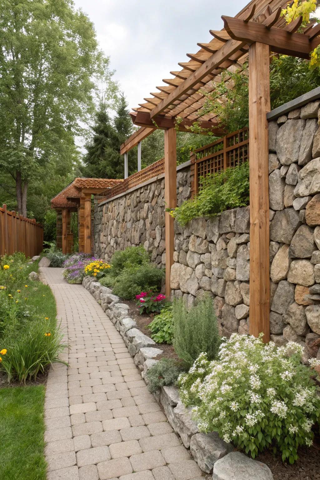 Combining wood and stone creates a charming and eclectic garden aesthetic.