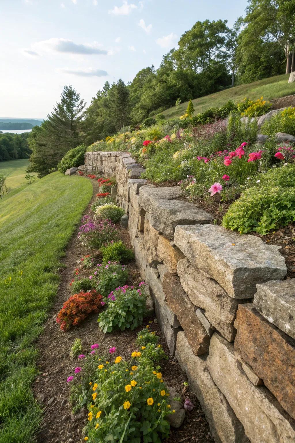 Strong stone retaining walls support hillside gardens while adding visual interest.