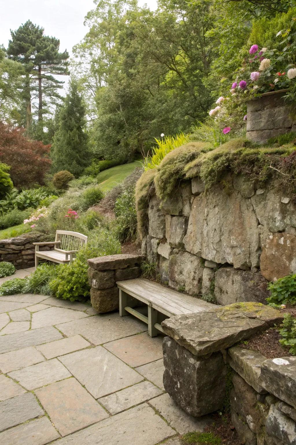 Built-in stone seating combines functionality with natural beauty.