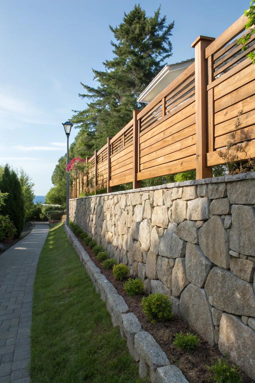 Stone walls topped with fencing provide privacy and a refined look.