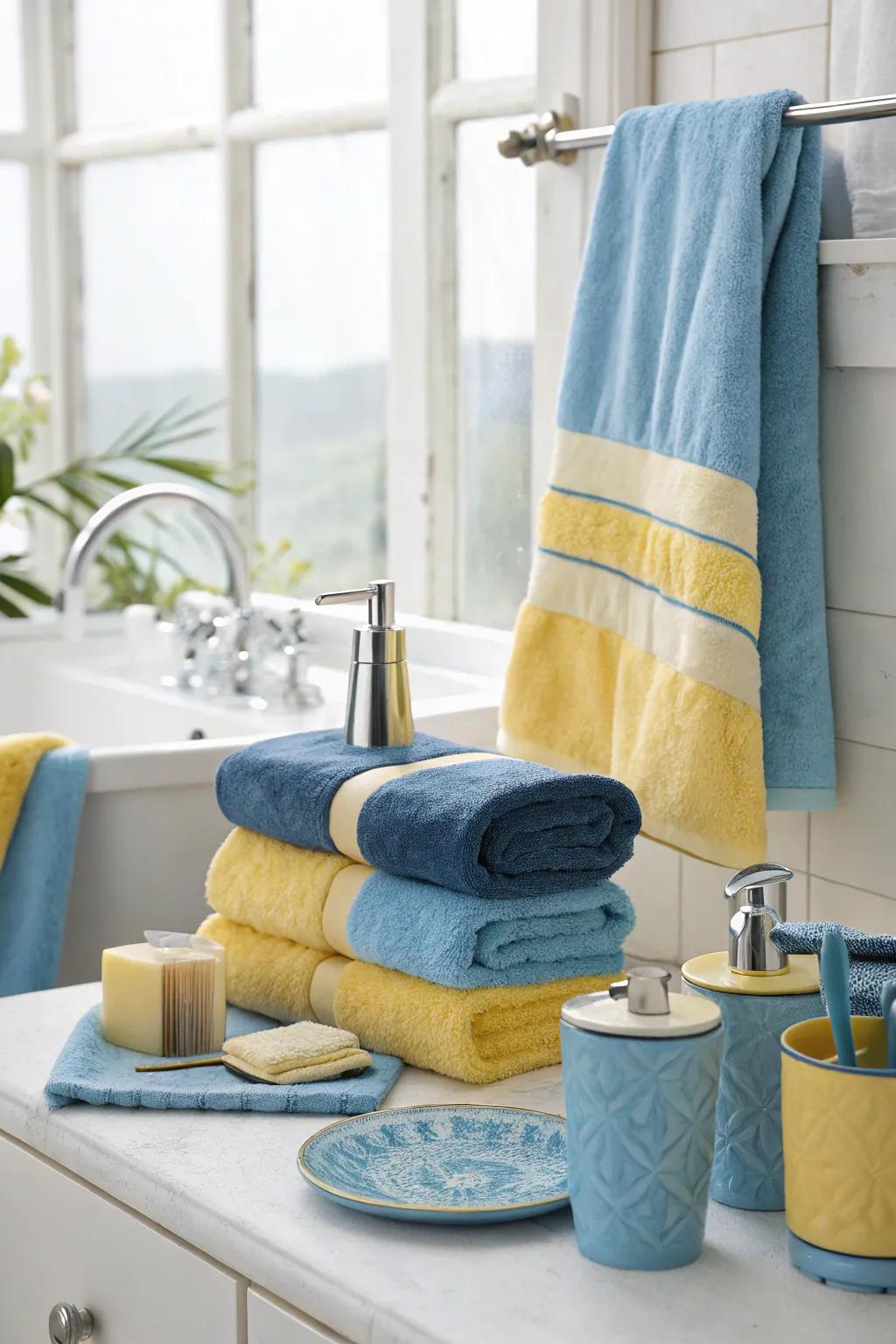 Bathroom styled with blue and yellow towels and accessories for a calming effect.
