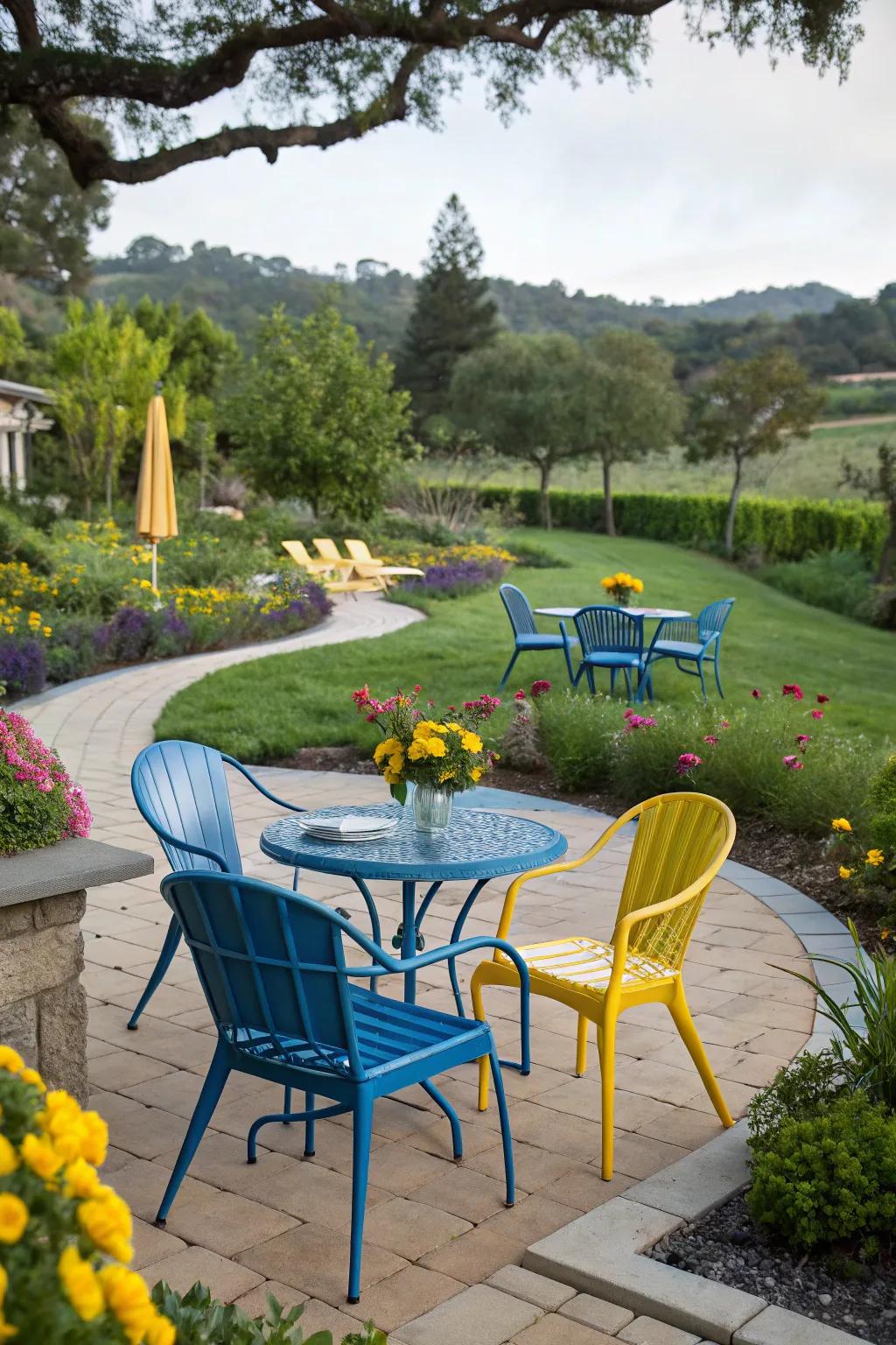 Outdoor patio furnished with blue and yellow seating creating a lively retreat.
