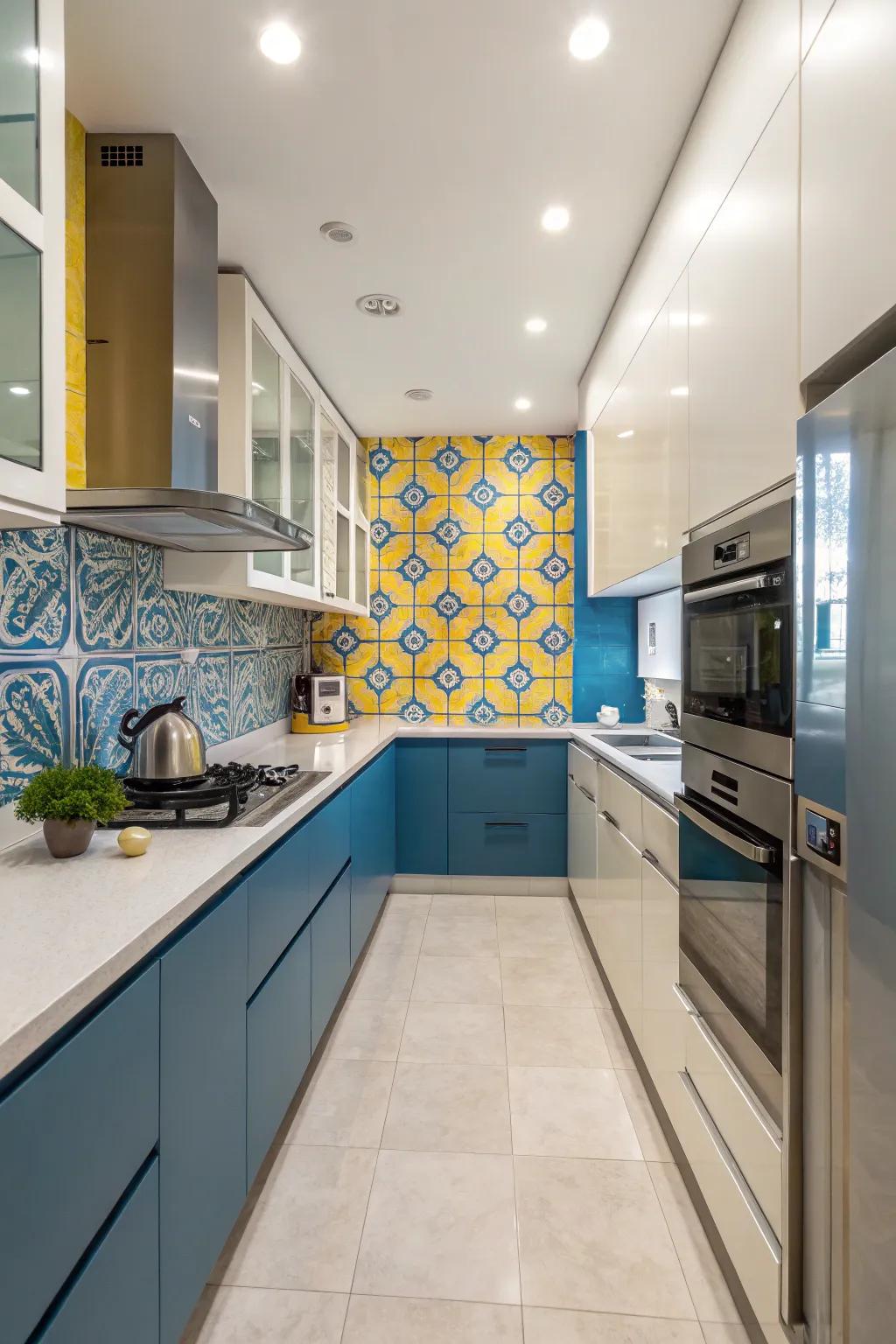 Kitchen featuring a blue and yellow backsplash panel for a stylish focal point.