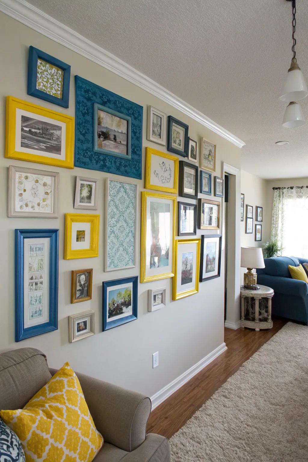 Gallery wall featuring blue and yellow frames for a personalized touch.