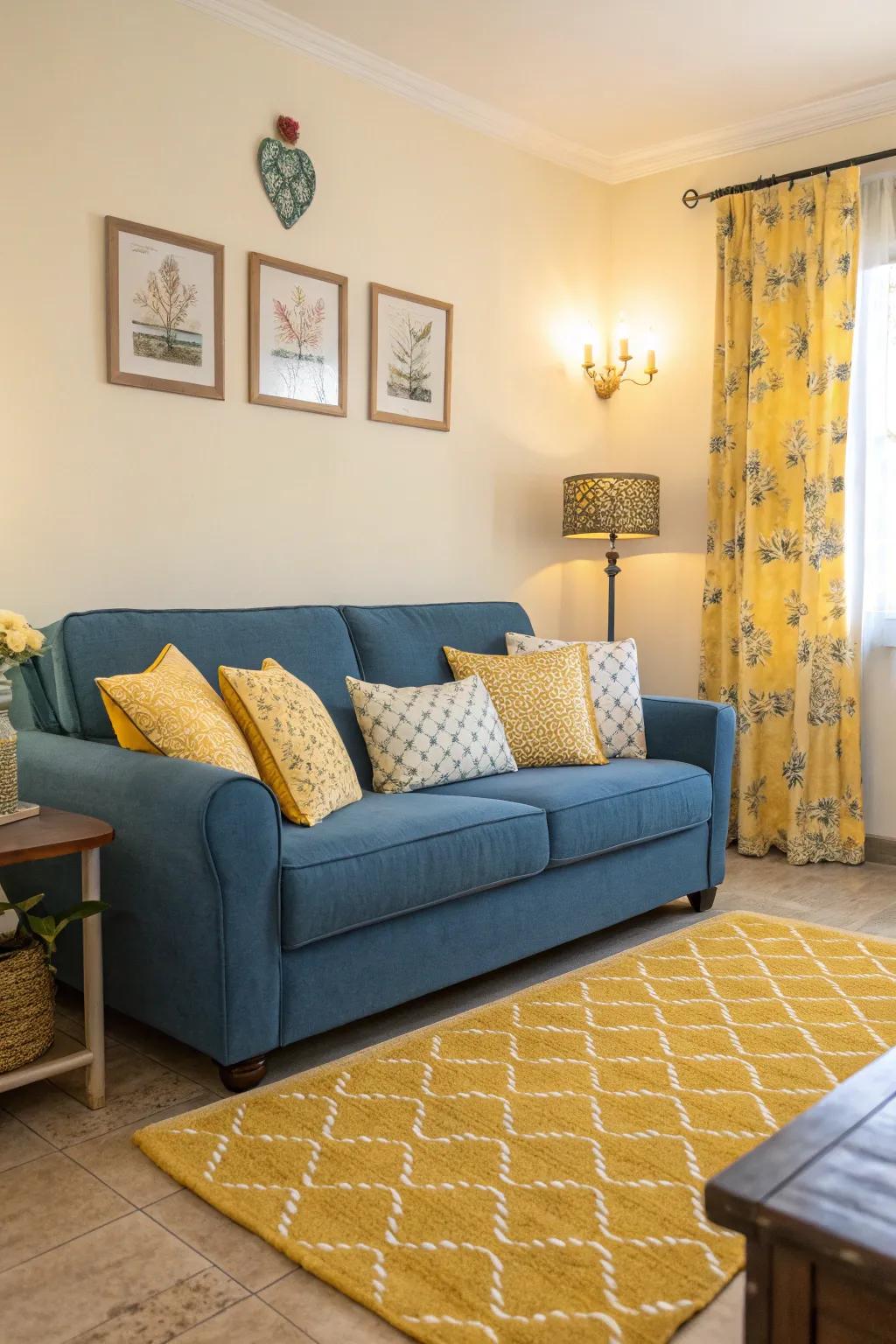 Living room featuring a blue sofa paired with yellow cushions for a lively atmosphere.